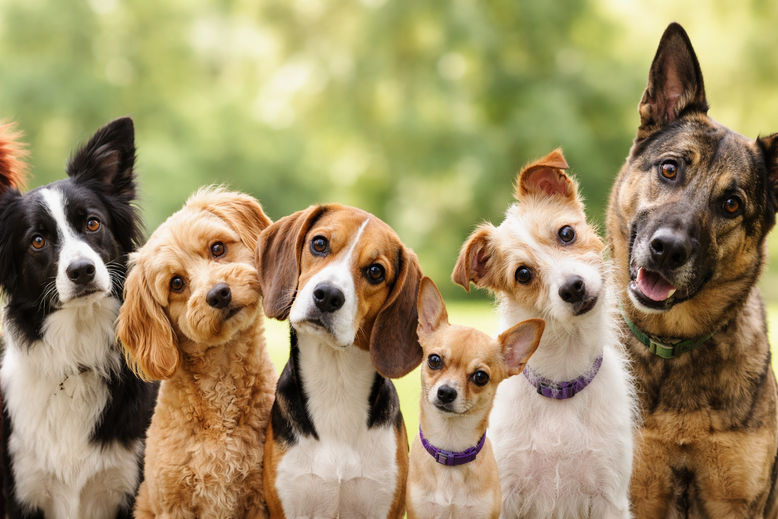 Seven dogs of various breeds and sizes standing outdoors with a blurred green background.