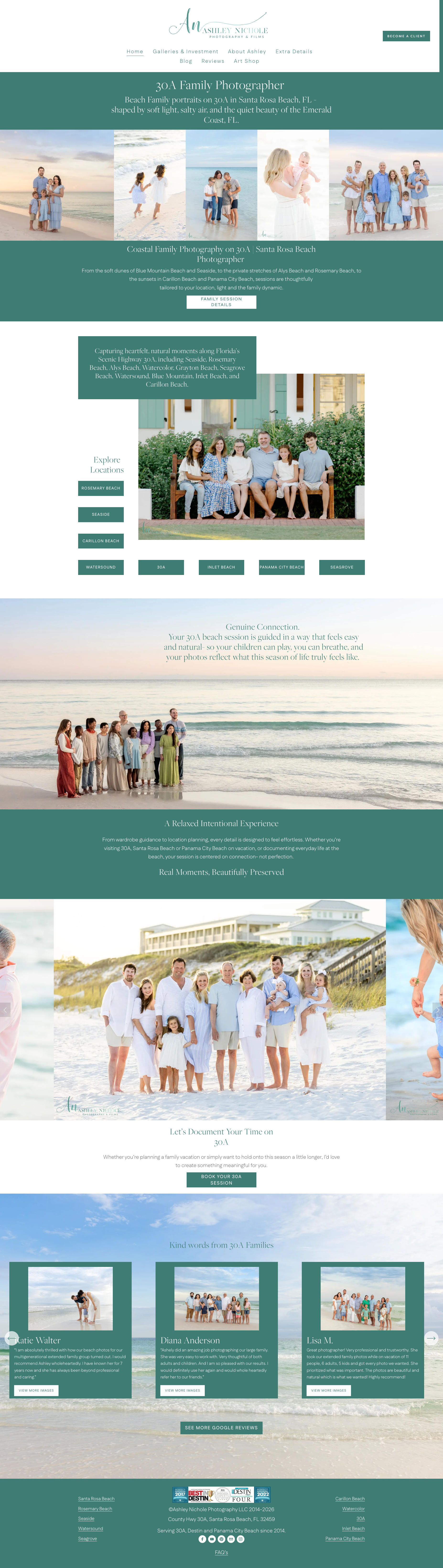 Webpage for Ashley Nicole Photography featuring family beach portraits at Santa Rosa Beach, FL, with images of families on the beach, sitting on benches, and walking along the shoreline.
