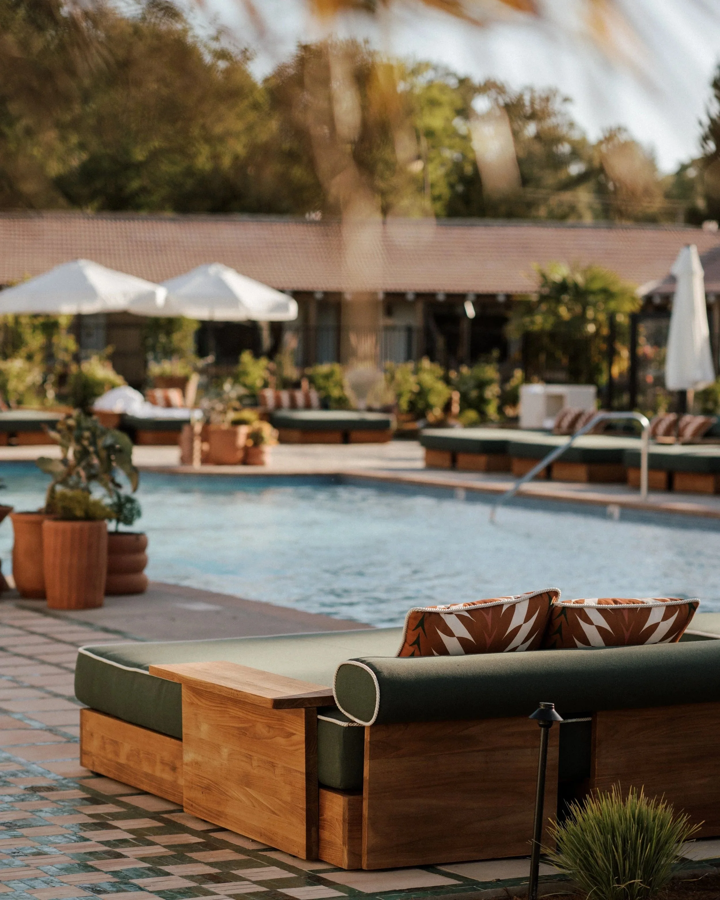 Poolside lounge seating at River Lodge Paso Robles wine country hotel