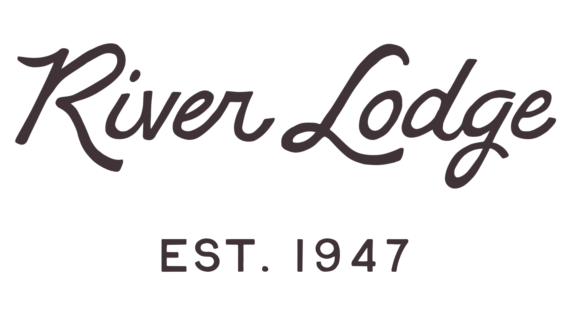 Logo for River Lodge established in 1947 with cursive text.