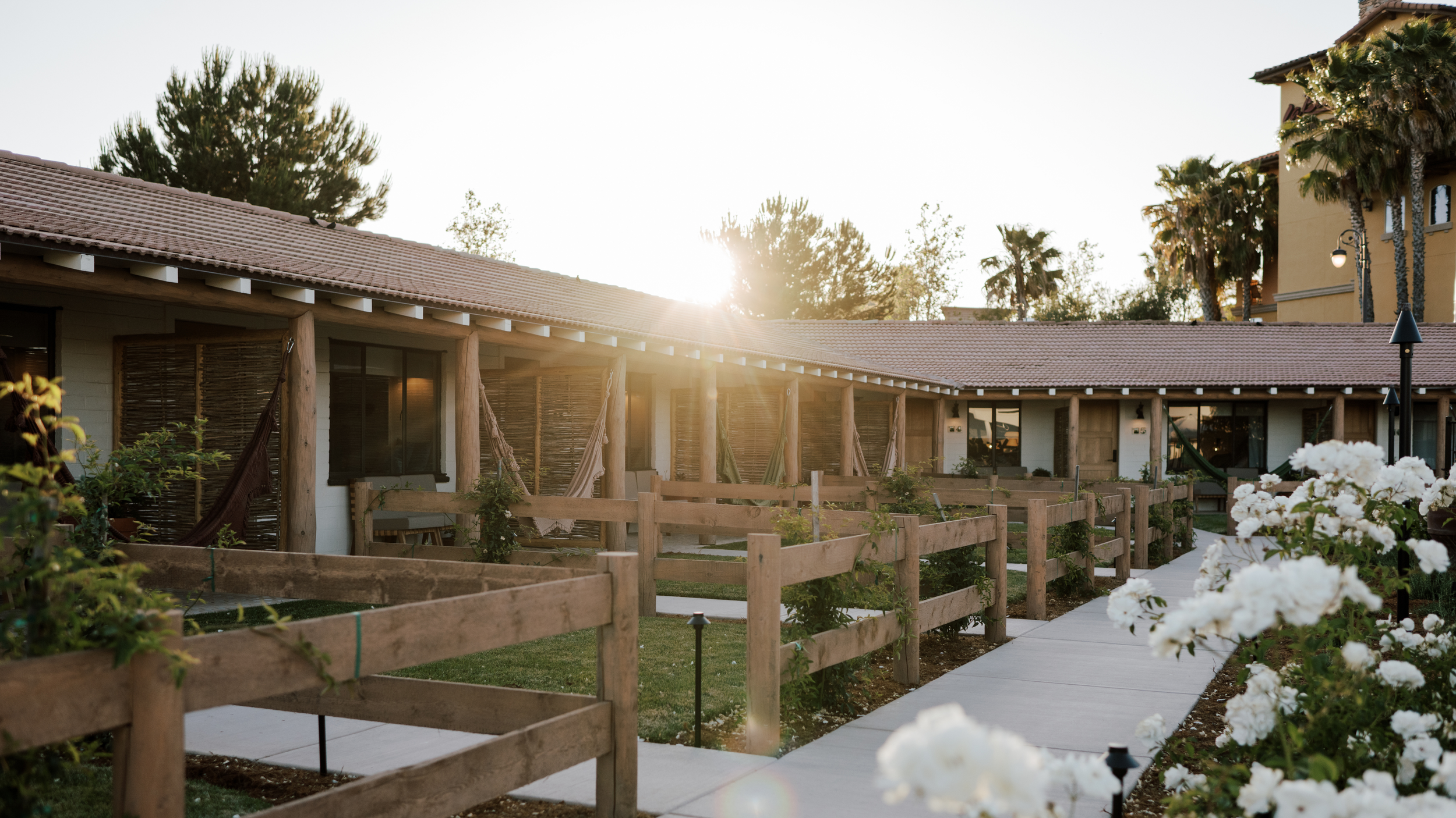 Sunset scene of a residential outdoor area with a building featuring a tiled roof, a wooden fence, garden beds with plants, a pathway, and trees in the background.