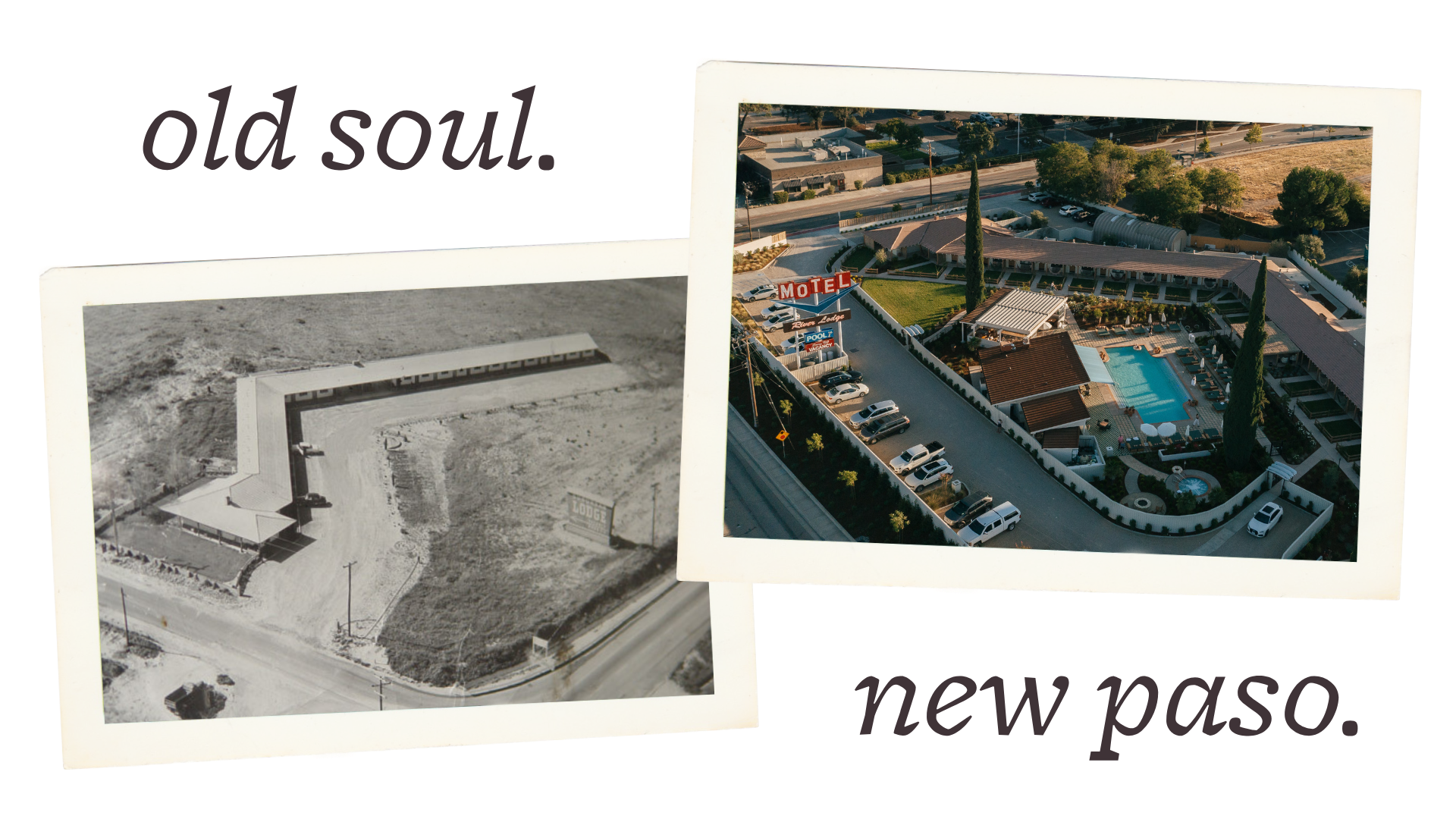 Comparison of an old motel in black and white with a new, modern motel with a swimming pool, parking lot, and landscaped courtyard.
