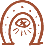 Simple line drawing of a horseshoe with a sun and stars inside.