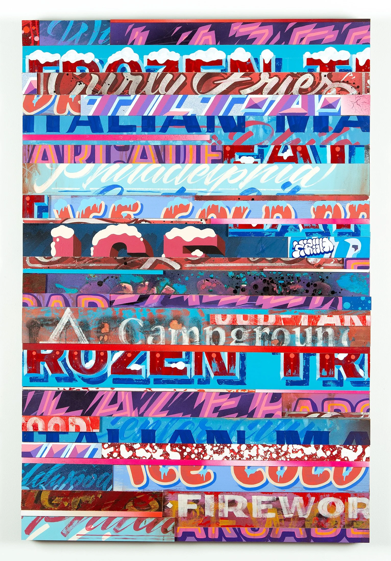 A collage art piece made from layered, cut-out sections of various colorful neon signs and lettering, creating an abstract composition.