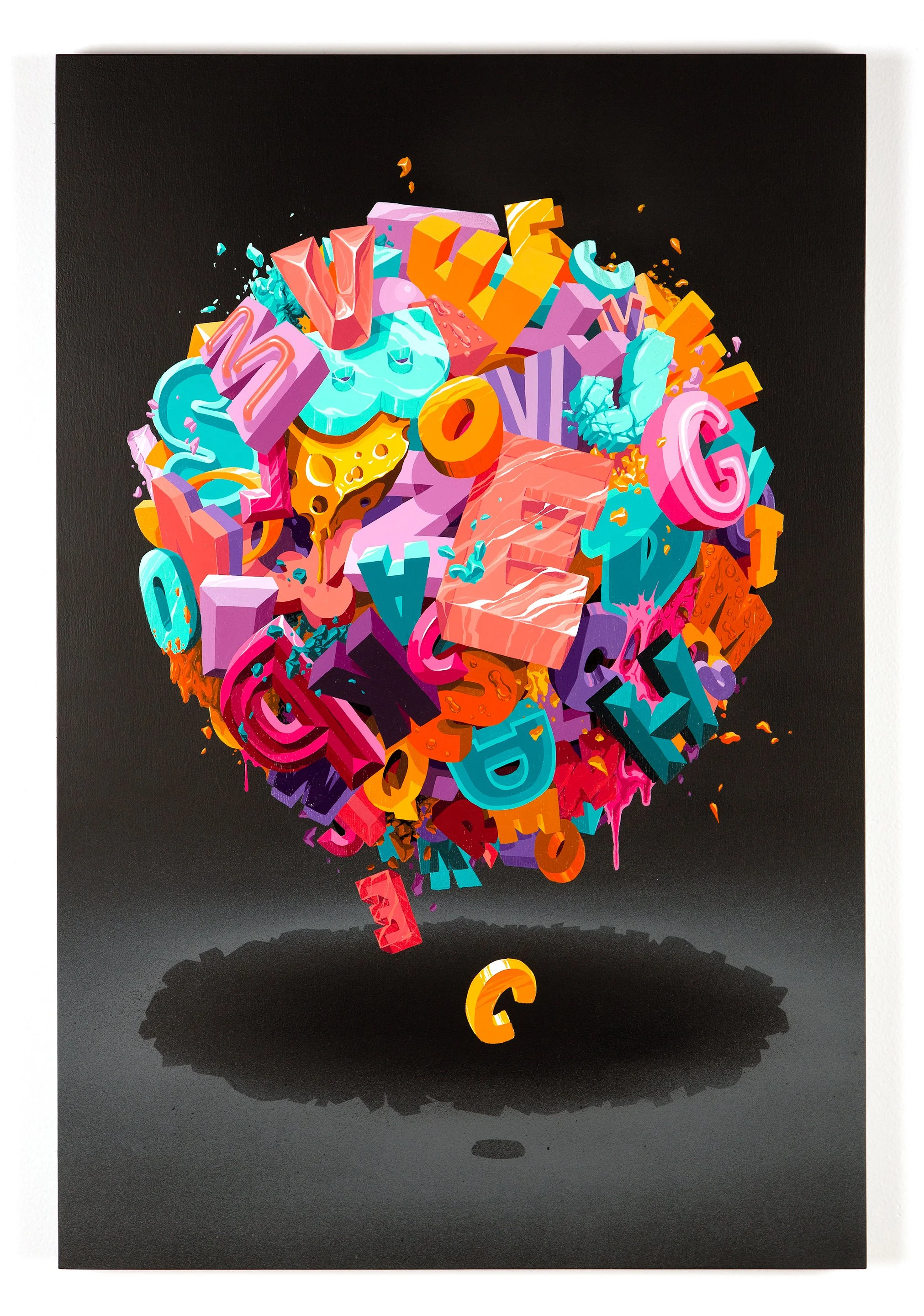 Colorful abstract sphere made of various 3D letters and shapes floating above a shadow on a black background.