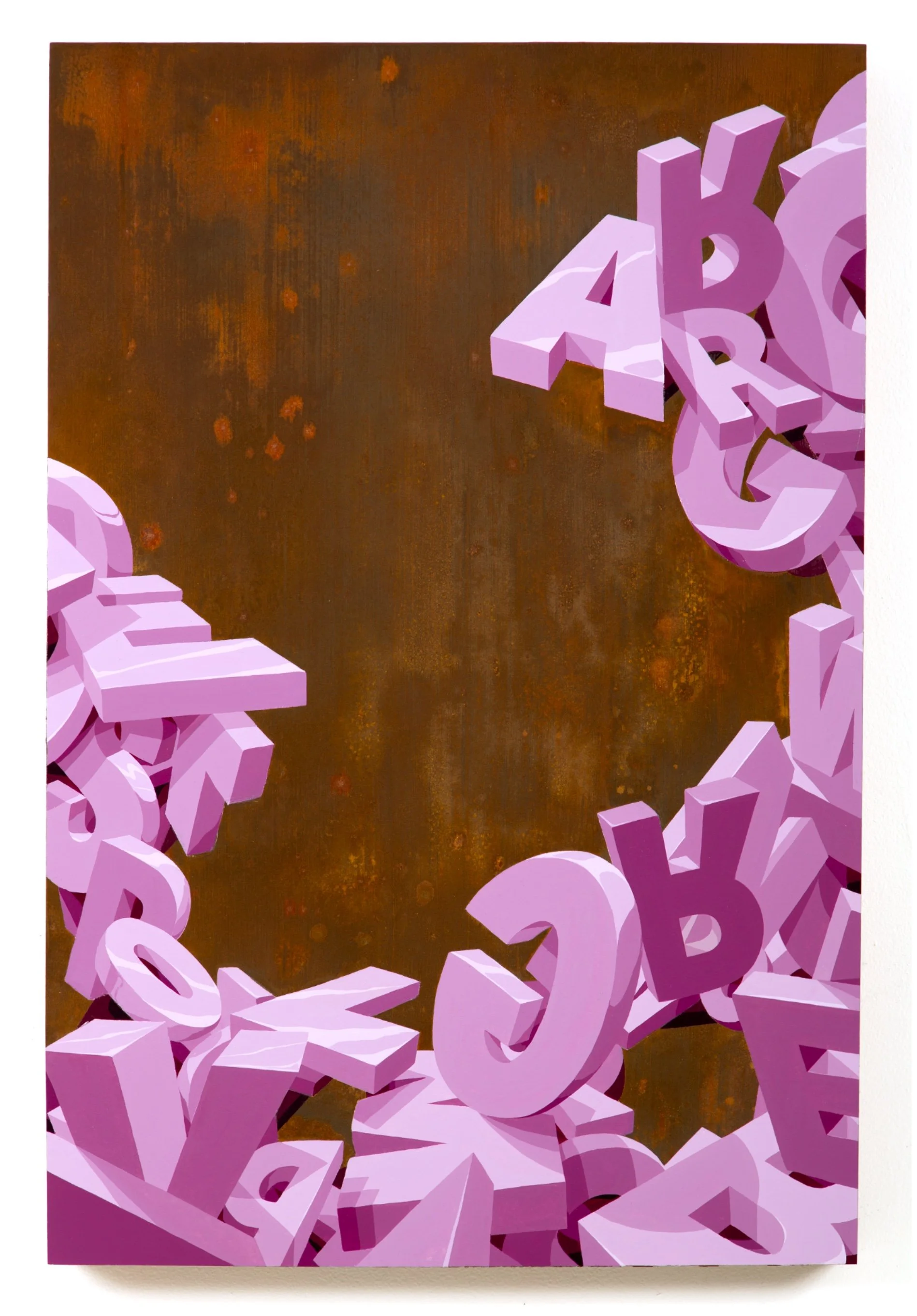 Digital artwork of three-dimensional pink letters forming a circular border around a rusty brown textured background.