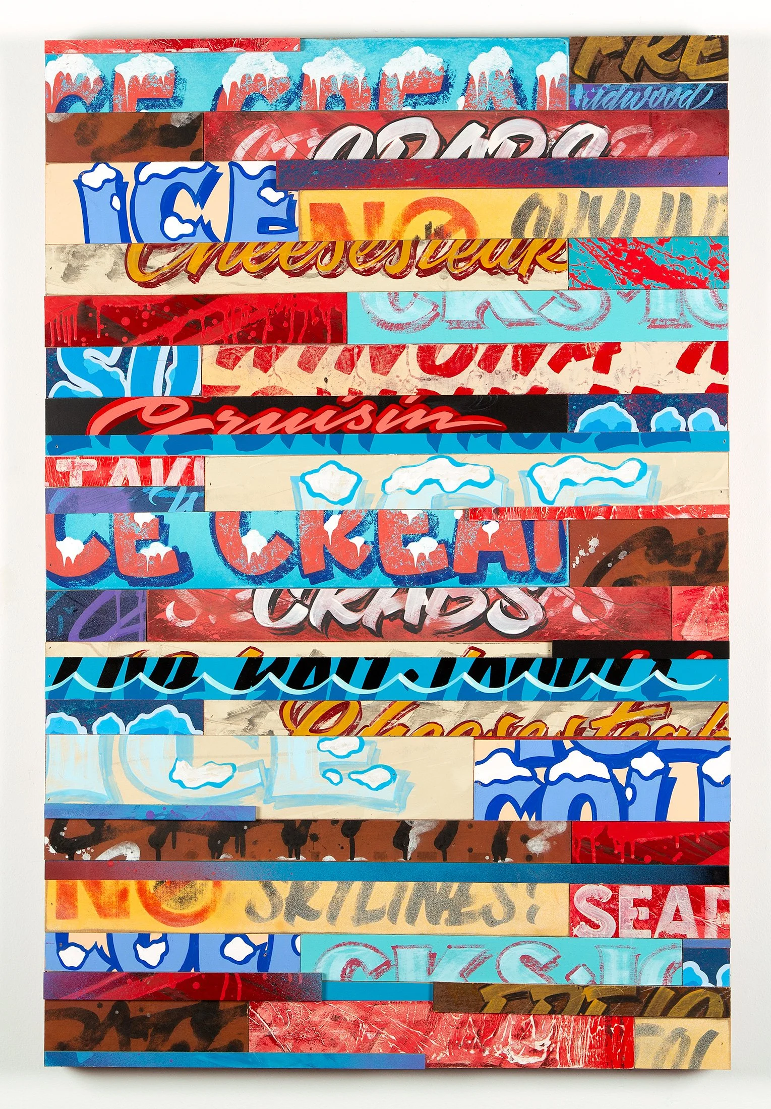 A collage artwork made from various cut-out vintage advertising and packaging words and phrases arranged in horizontal strips, creating a colorful abstract pattern.