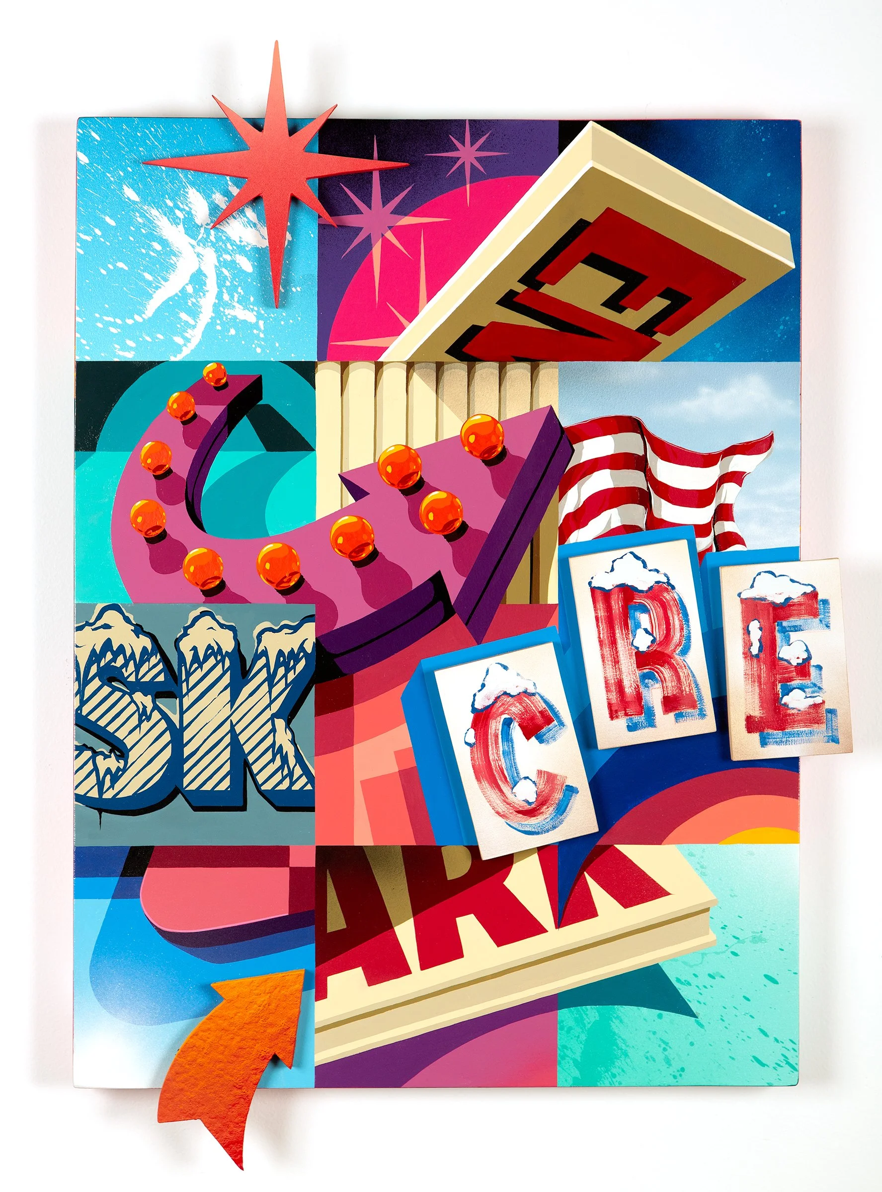 Colorful collage of retro-style carnival and holiday signs, including a star, a crescent moon with light bulbs, the word 'SKY', the word 'SALE', a red and white striped flag, and the word 'CARE' in red and white letters.