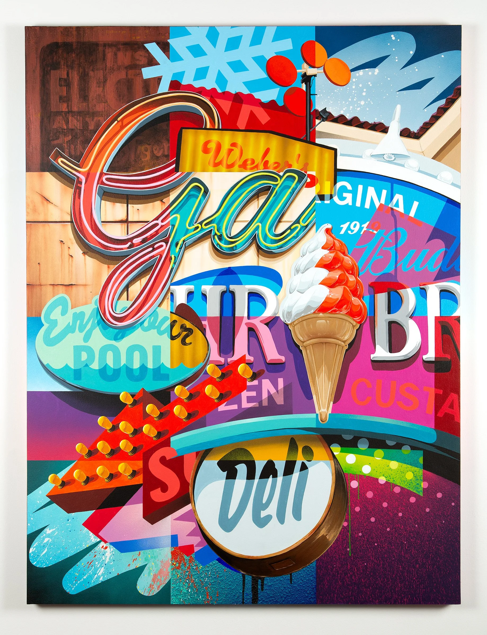 Colorful collage of neon signs and illustrations of a cone with ice cream, a pool, and a deli sign, arranged in a vibrant, layered composition.