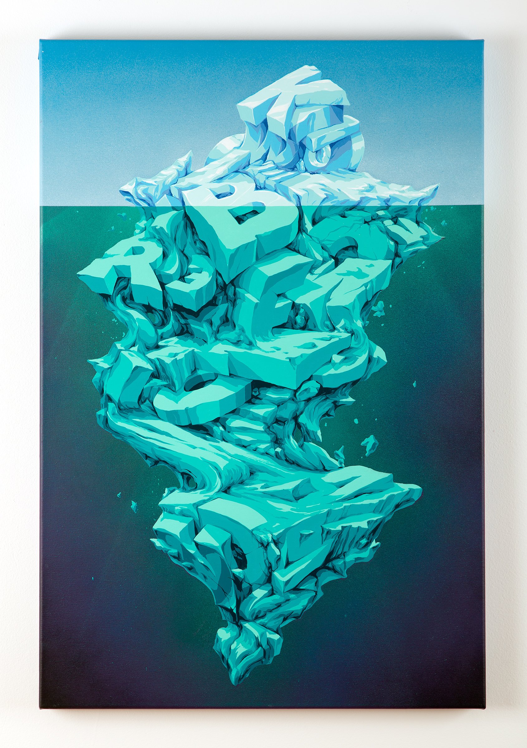 A digital art painting of an iceberg with the word "PRIDE" embedded within the ice, floating in the ocean, symbolizing pride and visibility.