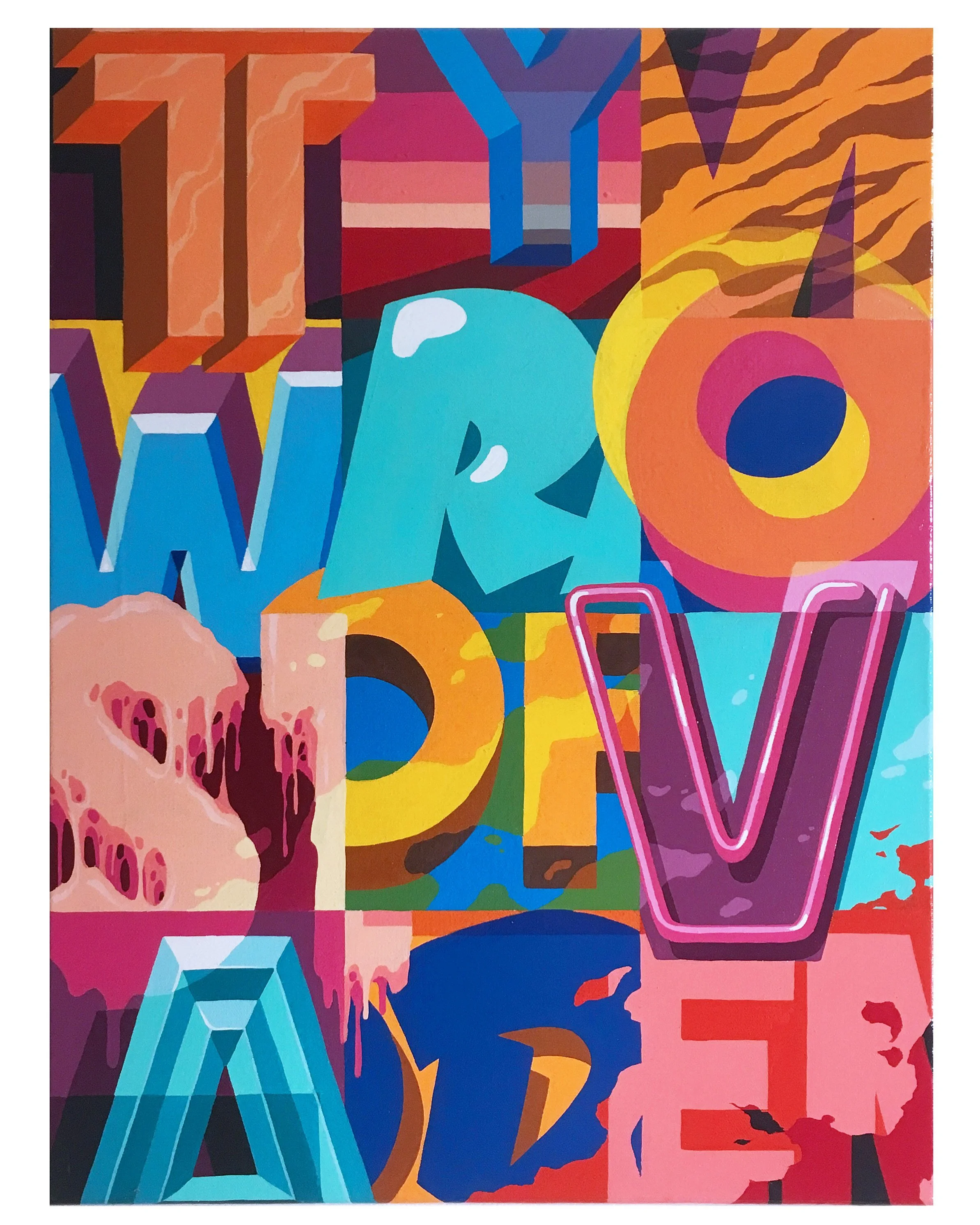 Colorful graffiti mural featuring the word "LOVE" in large, stylized letters with abstract shapes and patterns in bold colors.