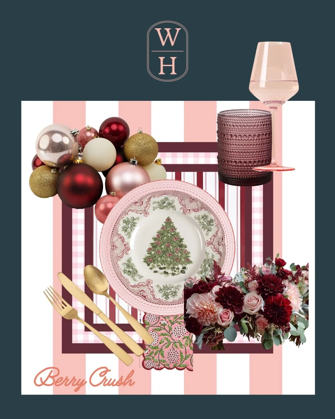 Loving this Berry Palette trend this Christmas! I recreated the designer look on a previous post and then designed an eco-friendly, disposable option for a similar look, using the same custom placemats for both. Pink Gingham and berry and pink stripe