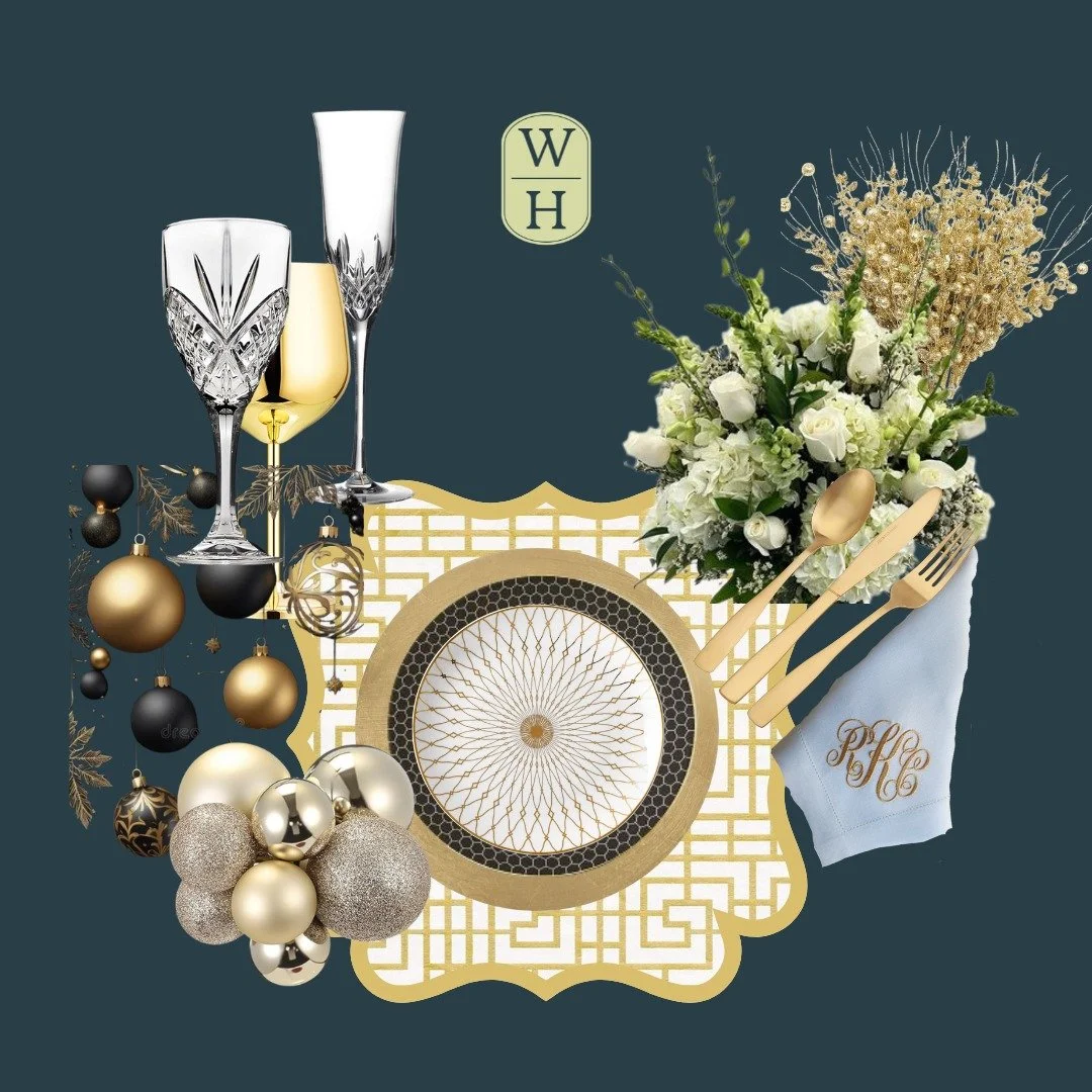 New's Year's Eve Tablescape Inspiration with custom quatrefoil placemats with @casparistyle fretwork paper bordered in gold. 

 I love the idea of using Christmas ornaments in black and gold and simple candles and white flowers to really bring the gl