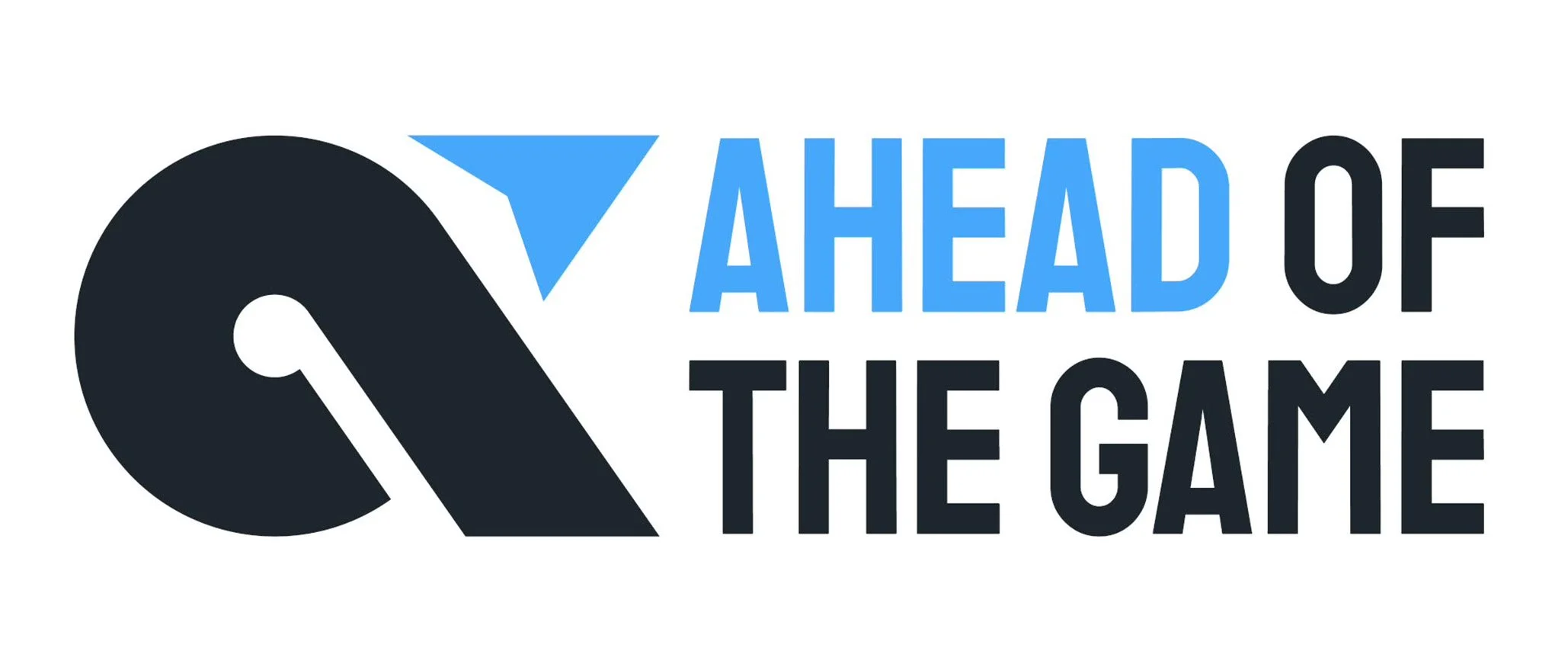 Logo with a stylized hockey puck and a blue triangle, accompanied by the text 'Ahead of the Game' in blue and black.