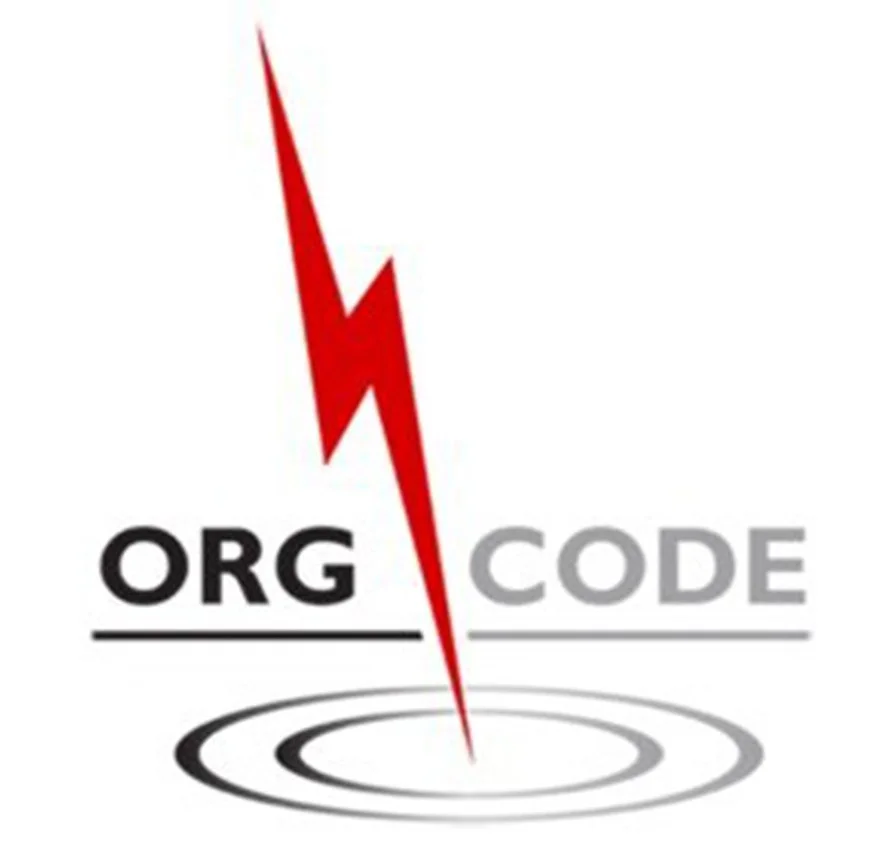 Graphic with a red lightning bolt, the words 'ORG' in black and 'CODE' in gray separated by a horizontal line, and concentric circles below, symbolizing energy and data.