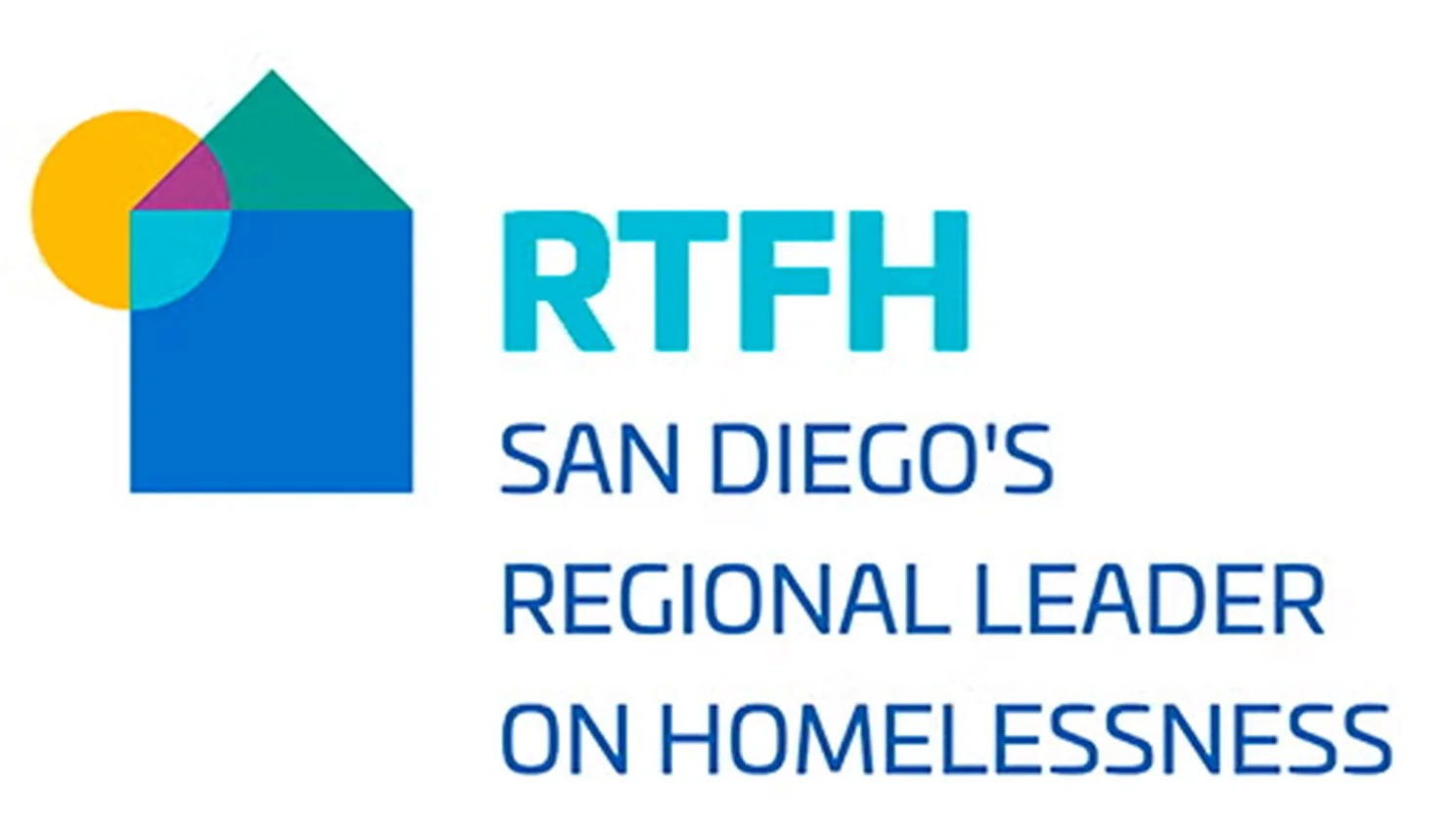 Logo for RTFH San Diego's Regional Leader on Homelessness, featuring colorful geometric house and sun icons.