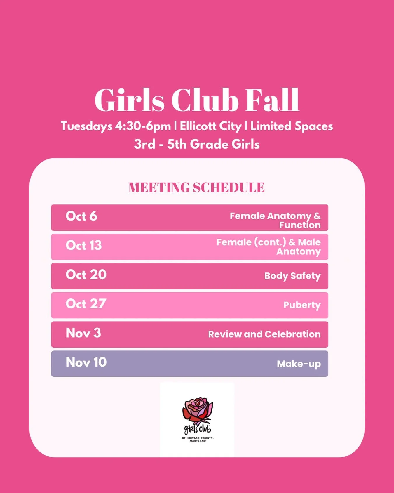 Mark your calendars, gather your friends, instructions to sign-up for Girls Club of HoCo will be coming soon! ✨