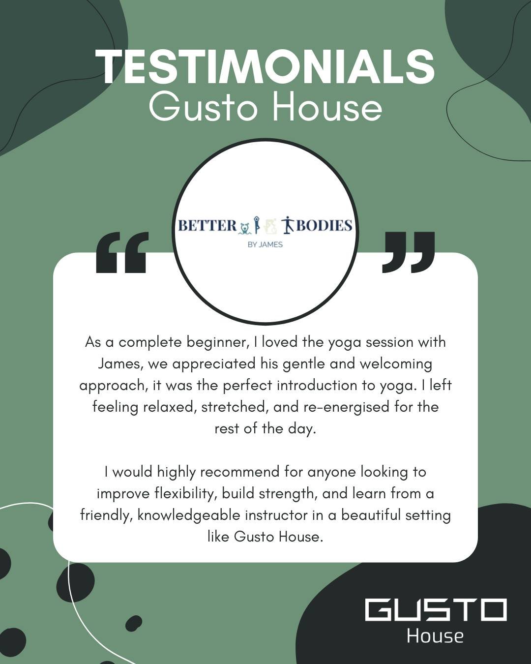 Fantastic feedback for Better Bodies by James! Join his Pilates Fusion &amp; Back Active classes every Tuesday morning at Gusto House. ✨ 

Follow the link in our bio to find out more.

#GustoHouse #BetterBodiesByJames #Pilates #Fitness