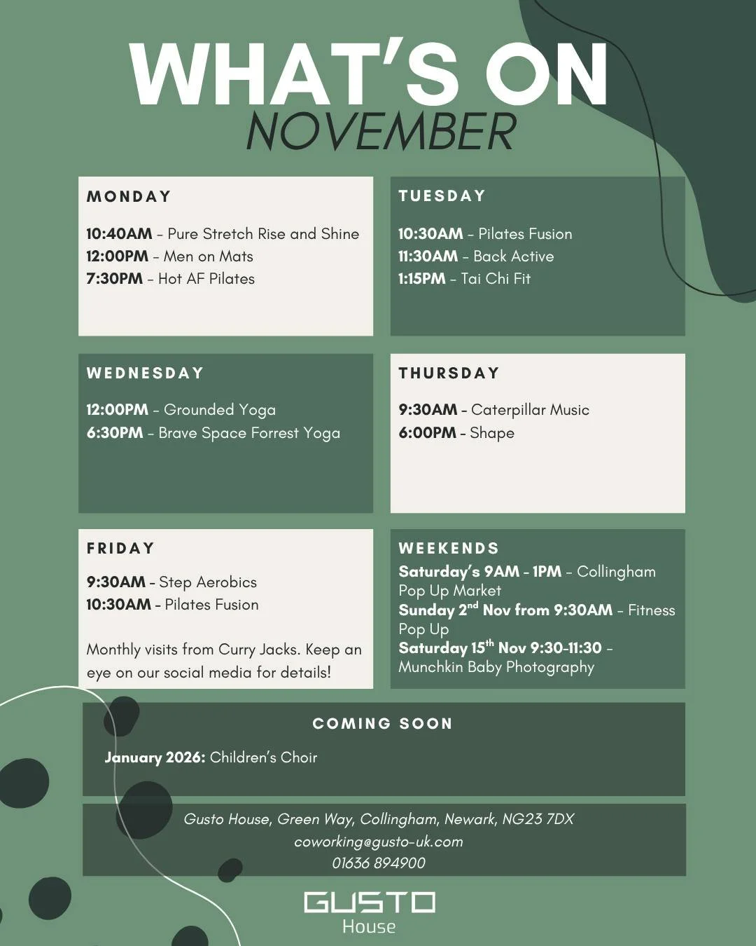 Your November What's On is here! Get ready to move, stretch, and flow with a fantastic line-up of classes right here in Collingham.

We're thrilled to welcome @bravespaceyoga to the Gusto House community! Classes start on Wednesday 5th November.

👀 