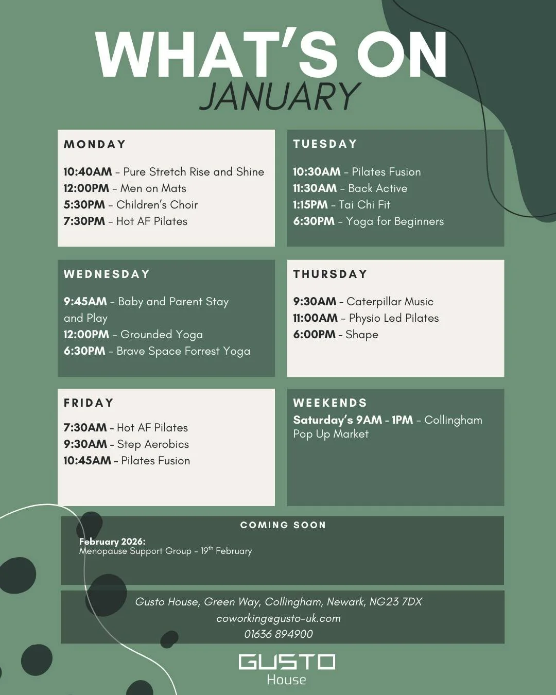 🎉 Happy New Year! 

Your January schedule at Gusto House is here, and we're bringing in the new year with some fantastic new classes! 

Get ready to explore exciting additions like the new Warble and Lark Children&rsquo;s Choir joining us every Mond