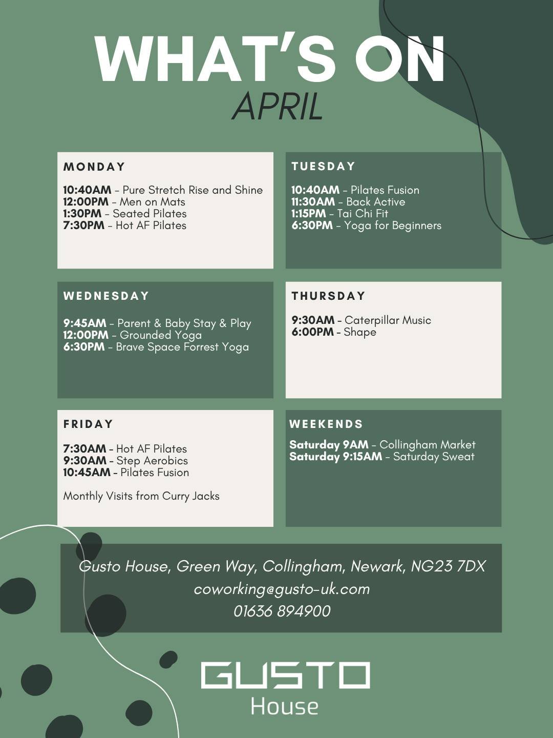 April Schedule at Gusto House 📅

Planning your week? Here are the key changes and additions to our April calendar!

@handonheart_parentandbaby and @groundedyogacollingham will be taking a break for the first two weeks of April. Both sessions will re