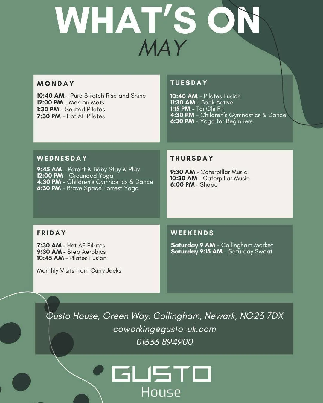 May Schedule at Gusto House 📅

We are please to welcome Aimee's Little Leaps Gymnastics and Dance this month! We still have all your favourites from Pure Stretch Rise and Shine to Brave Space Forrest Yoga.

Our studio is designed to help you feel yo