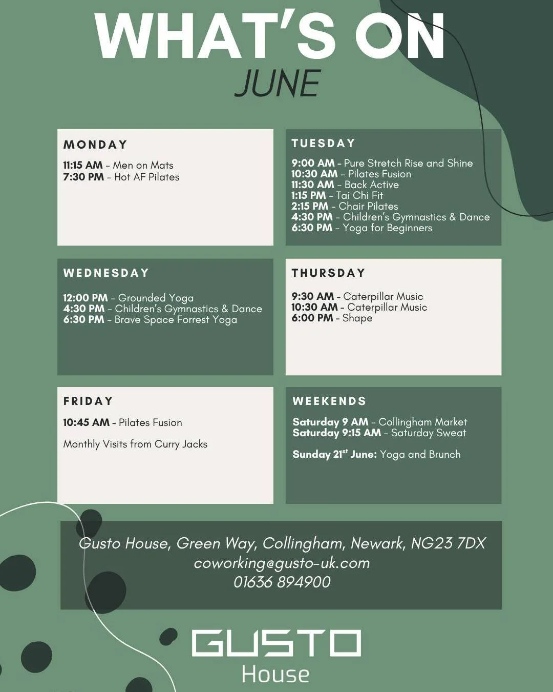 Your June schedule at Gusto House is here! 📆

We have a few updates to our studio schedule and some dates for your diary next month.

Cheryl from Purely Physical is changing her classes around a little bit starting from June 1st, so please make sure