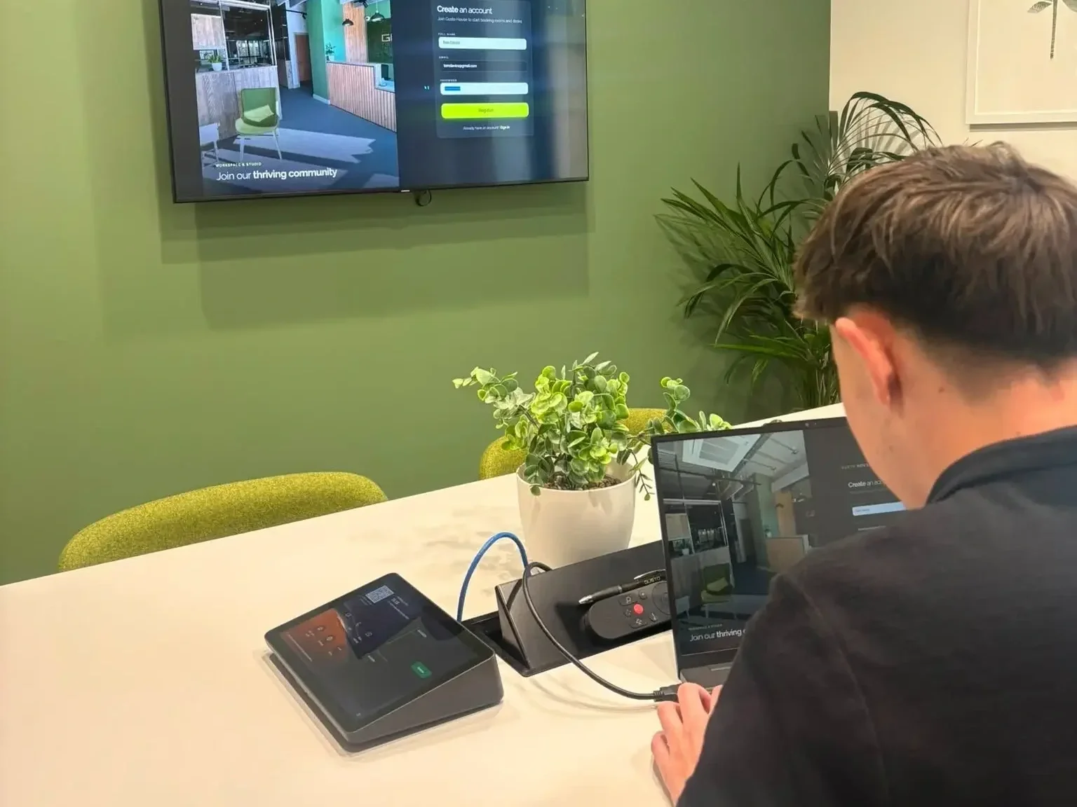 A young man with black hair, typing on a computer at a desk, the desk has a green plant on it.
