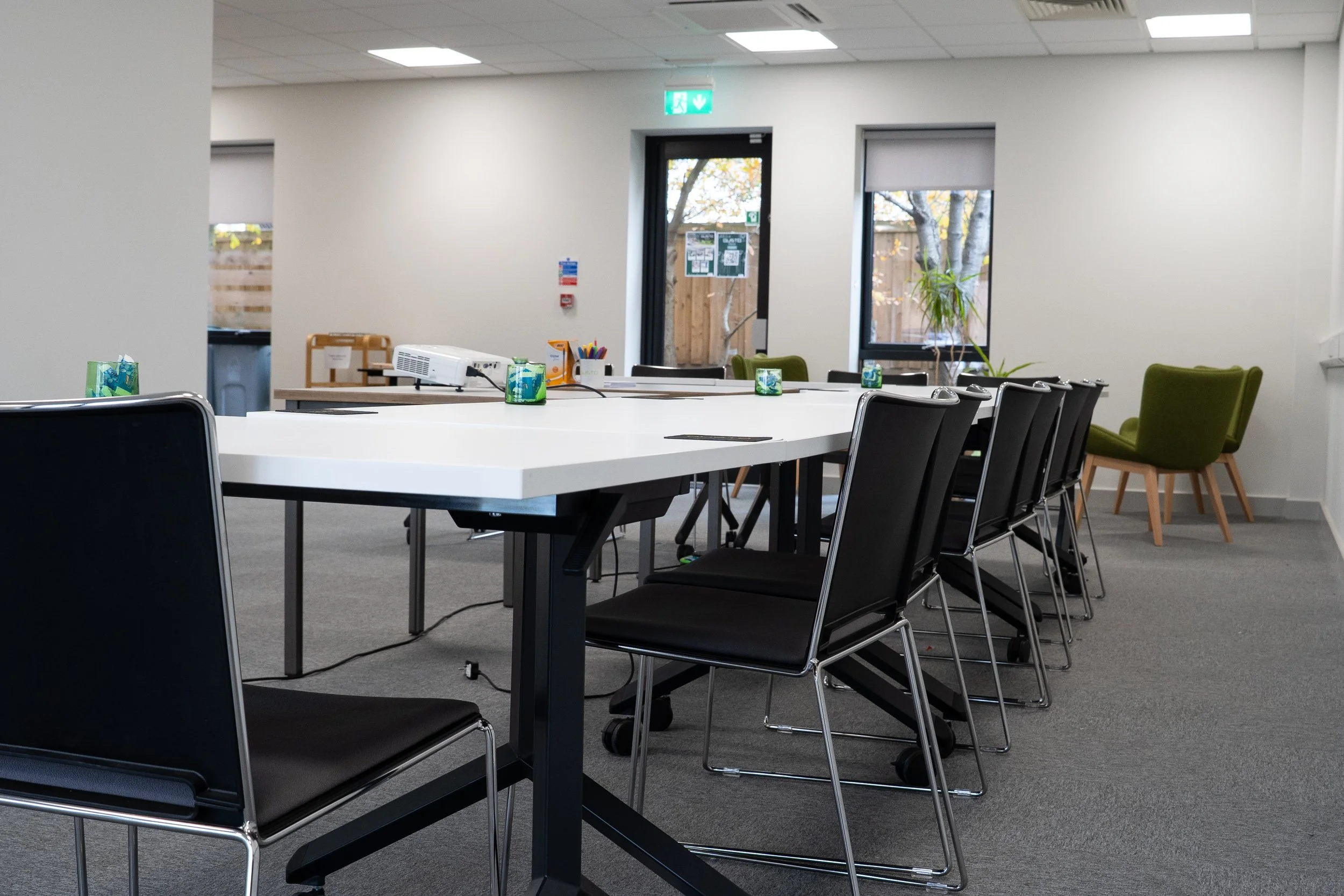 Our light and airy training room suits up to 14 people with on-site catering available