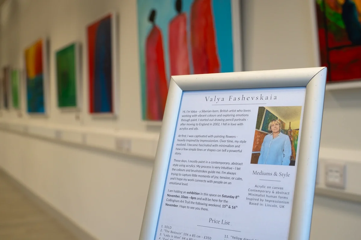 A close up of a snap frame titled Vayla Fashevkaia, with a collection of bright and colourful art on the wall behind