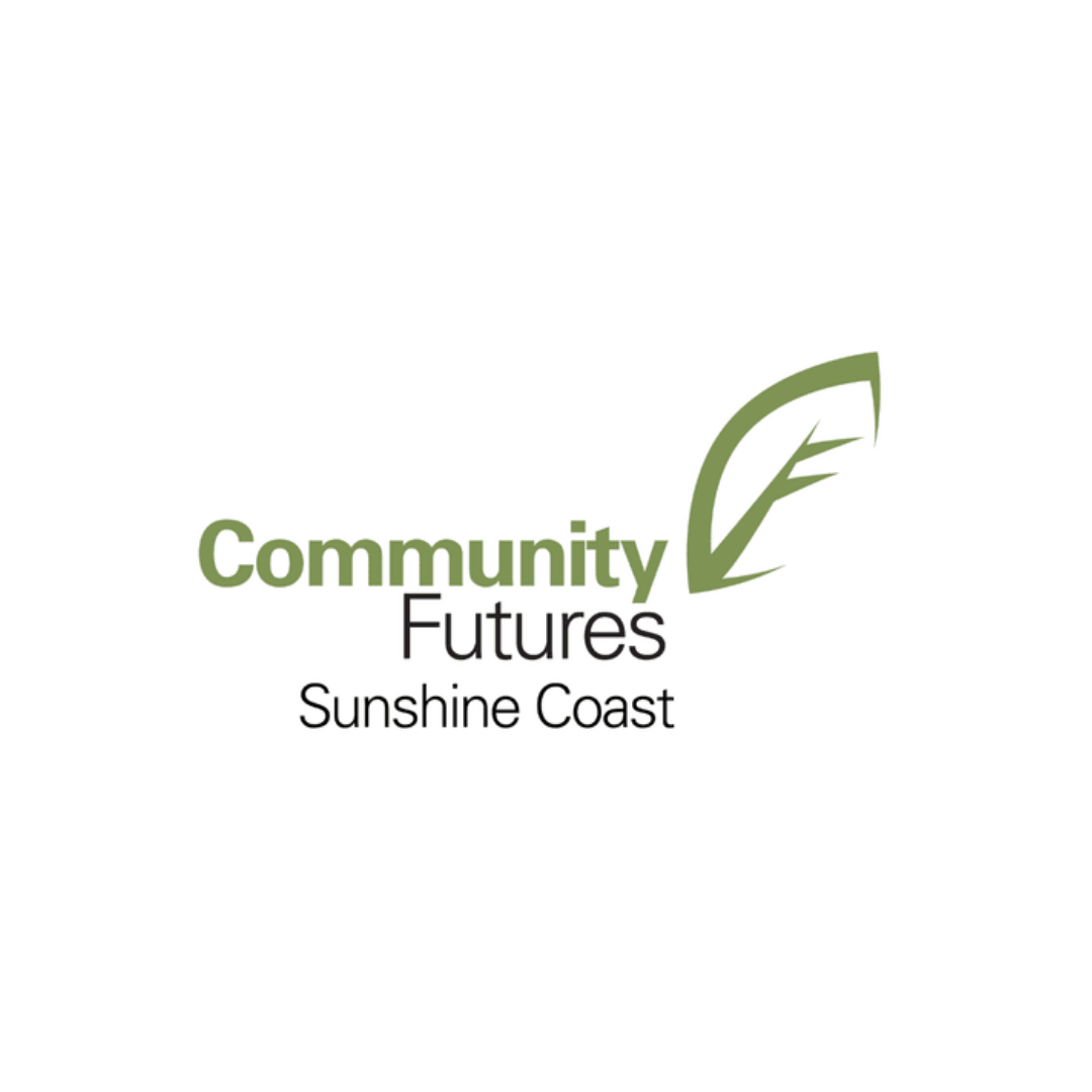 Logo for Community Futures Sunshine Coast with a green leaf and text in green and black.
