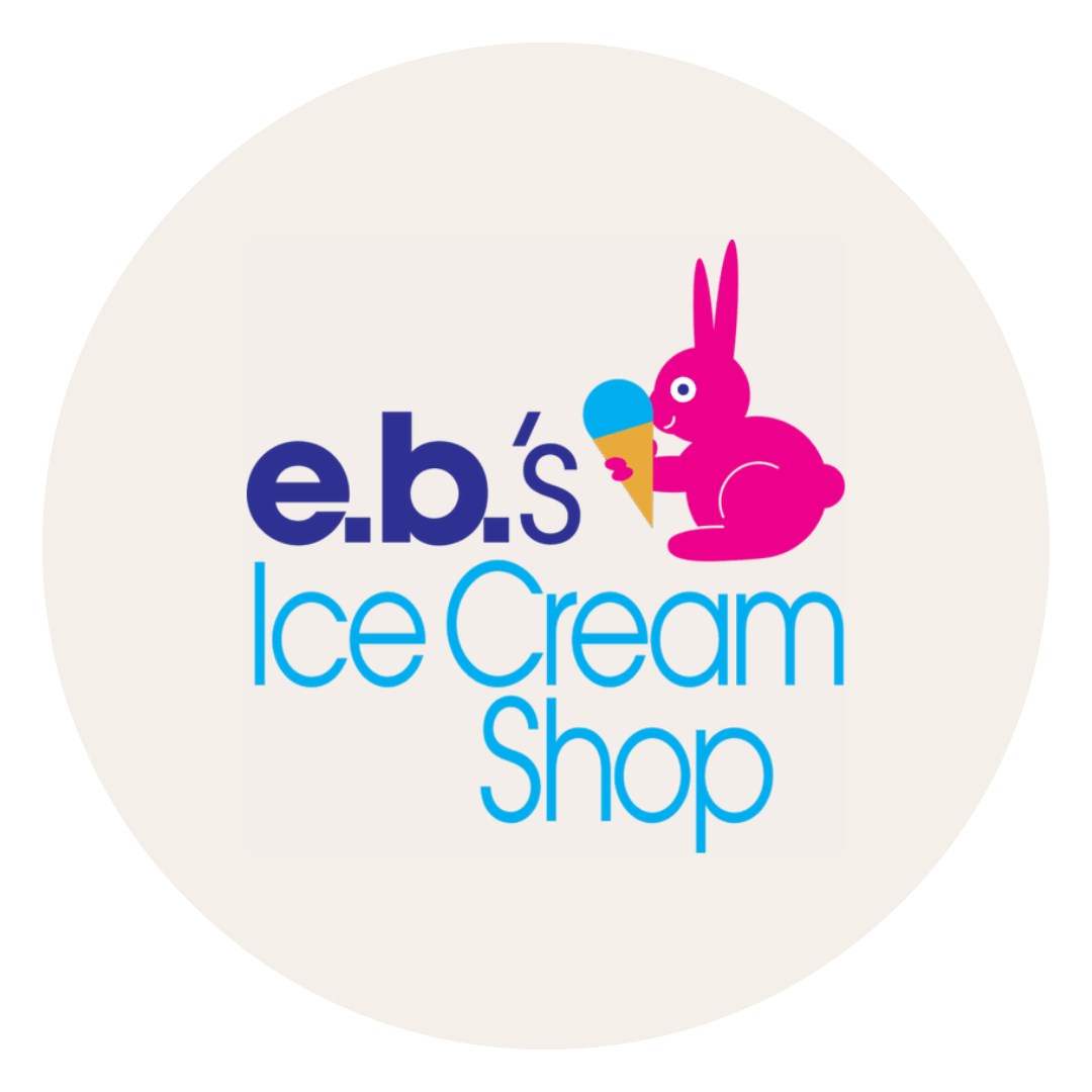 Logo of e.b.'s Ice Cream Shop featuring pink bunny holding an ice cream cone.