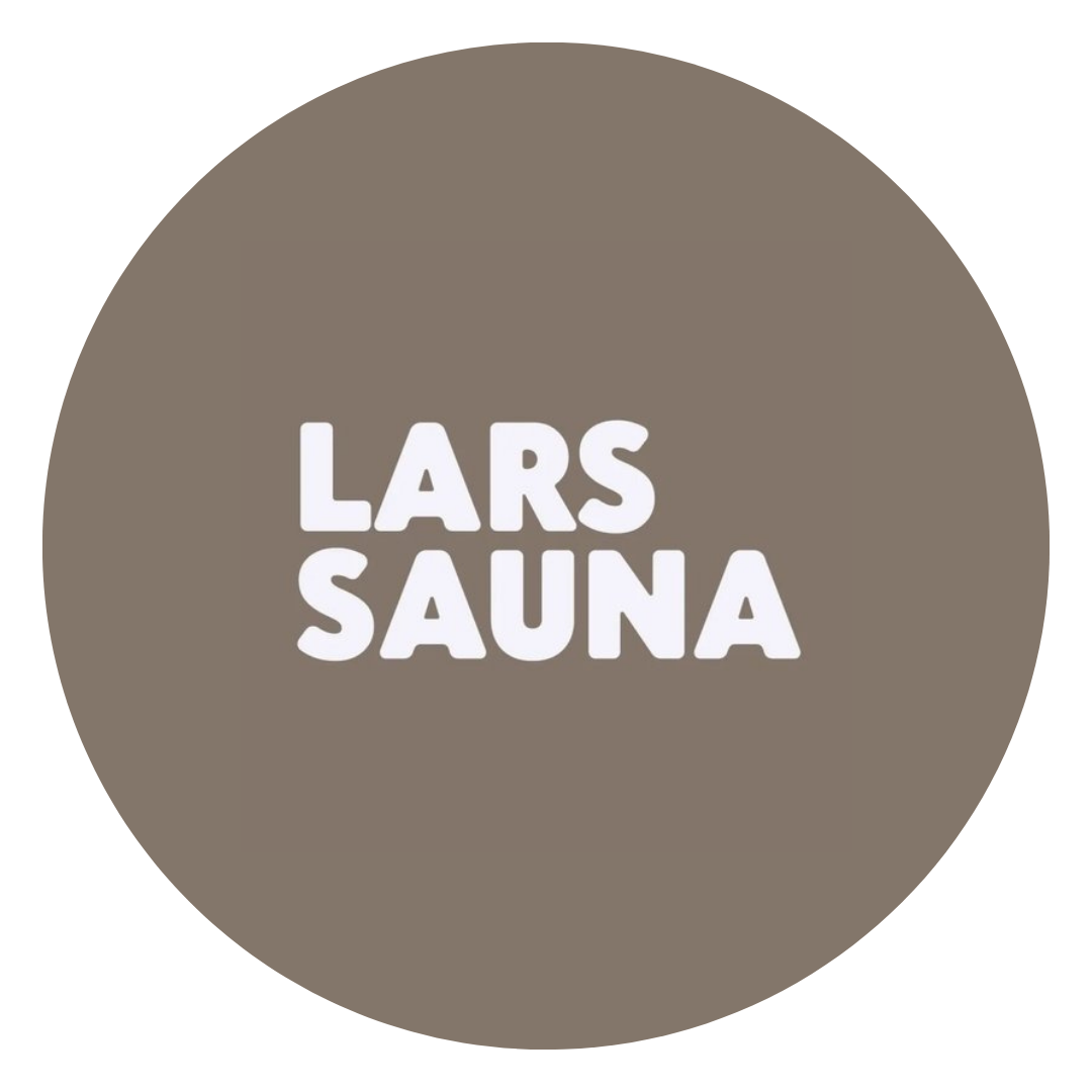Octagonal sign with the text 'LARS SAUNA' in white font on a taupe background.