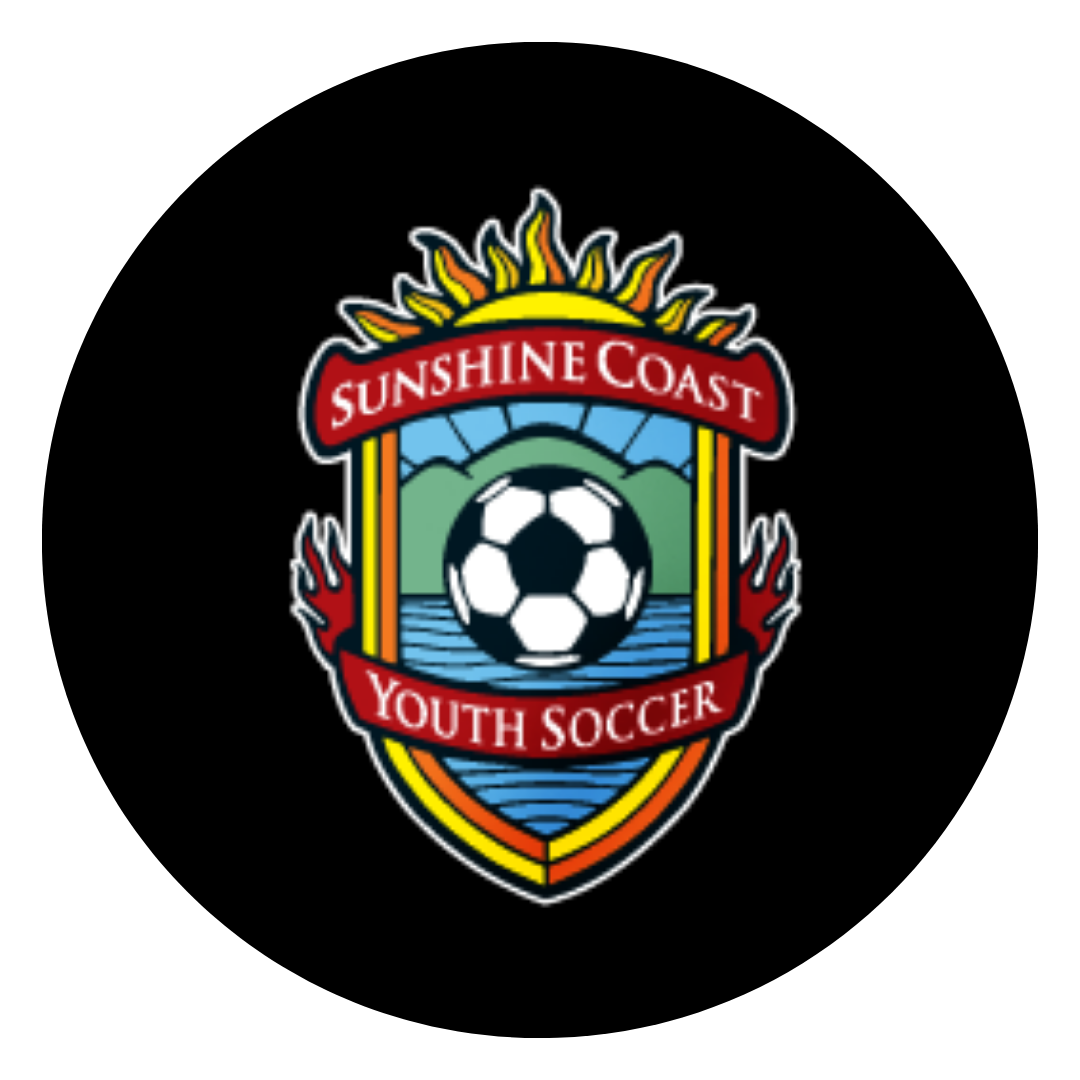 A colorful emblem for Sunshine Coast Youth Soccer featuring a soccer ball, a lake scene with mountains, and flames, with the red banner displaying the text 'Sunshine Coast Youth Soccer'.