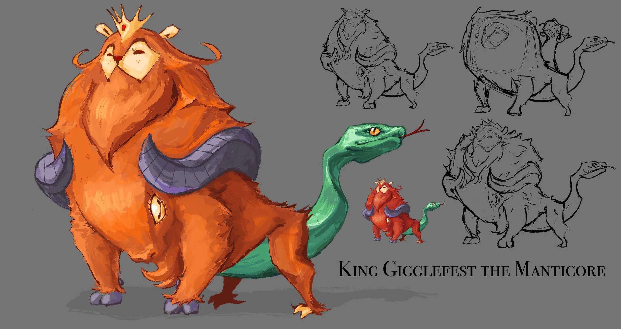 illustration, concept art, character design, manticore, lion, goat, snake, mythology, greek mythology,