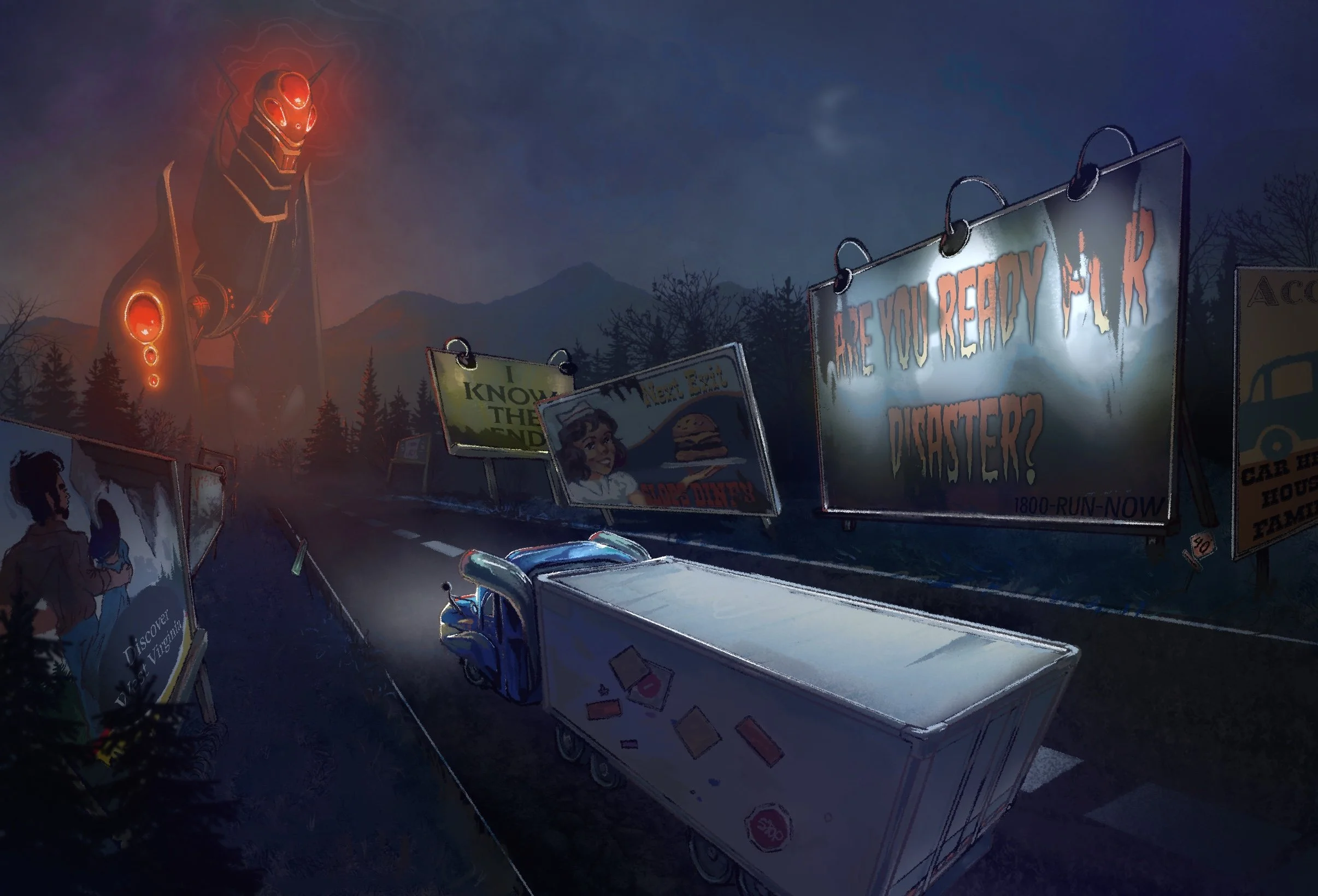 Mothman, Billboard, Phoebe Bridgers, Concept Art, Illustration, Truck, Cryptid,