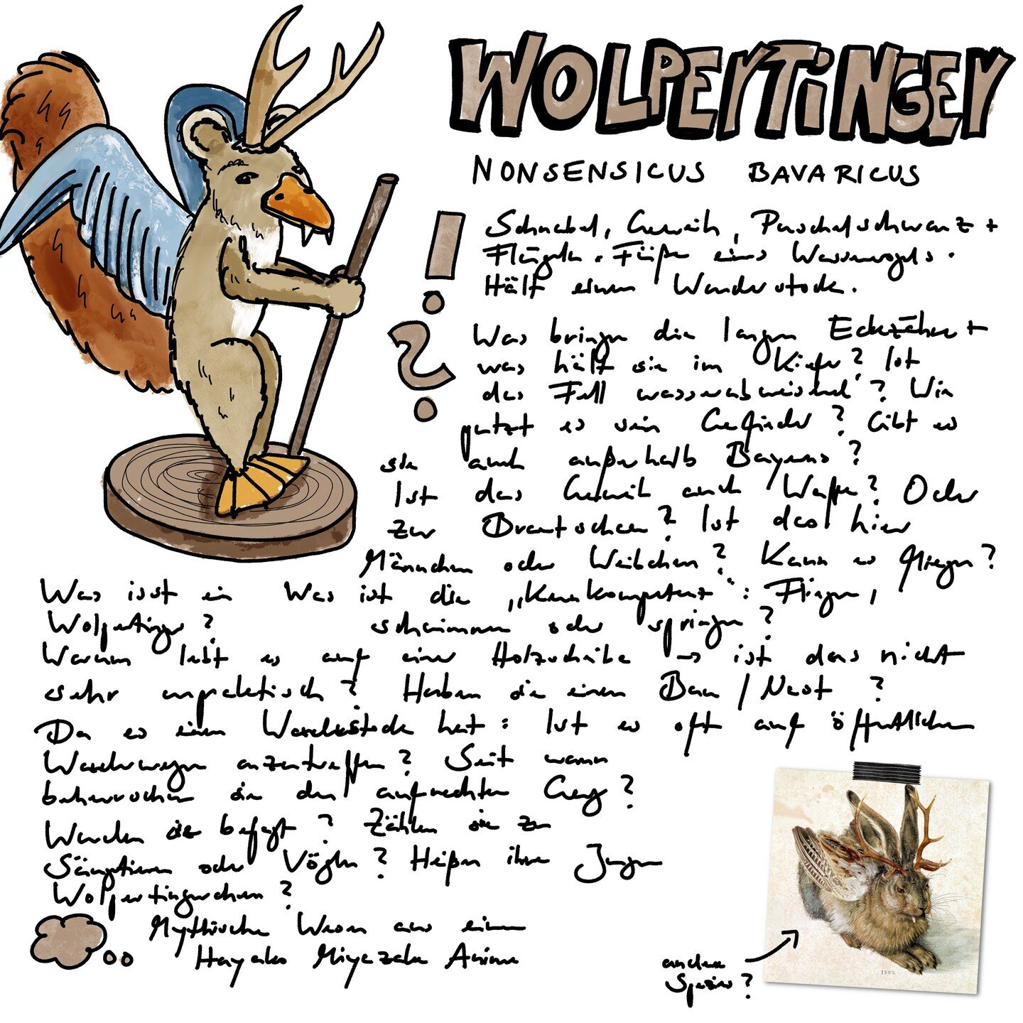 This is a nature journal page for the new year's prompt calendar I made for my nature journal club, the prompt was: &quot;Journal a mythical being as if it were real&quot;. I chose the Wolpetringer, a kinda chimera from Bavaria. 

This was so much fu