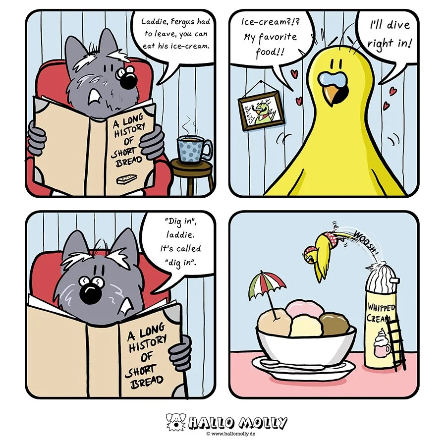 Webcartoon scottie dog and budgie having a misunderstanding