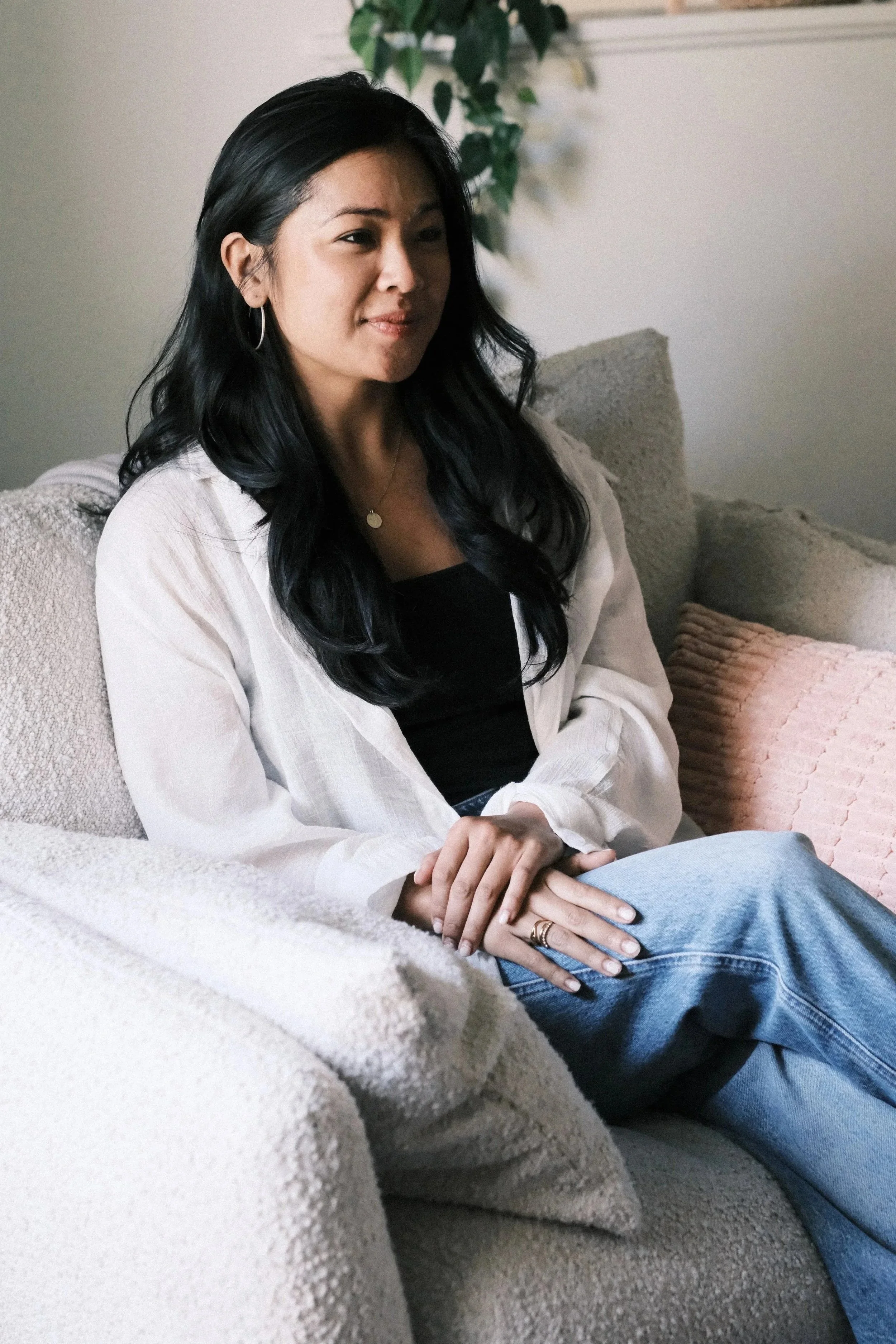 Side profile portrait of Pia Molina, LCSW, a calm and grounded psychotherapist offering therapy in Austin, TX and New York.