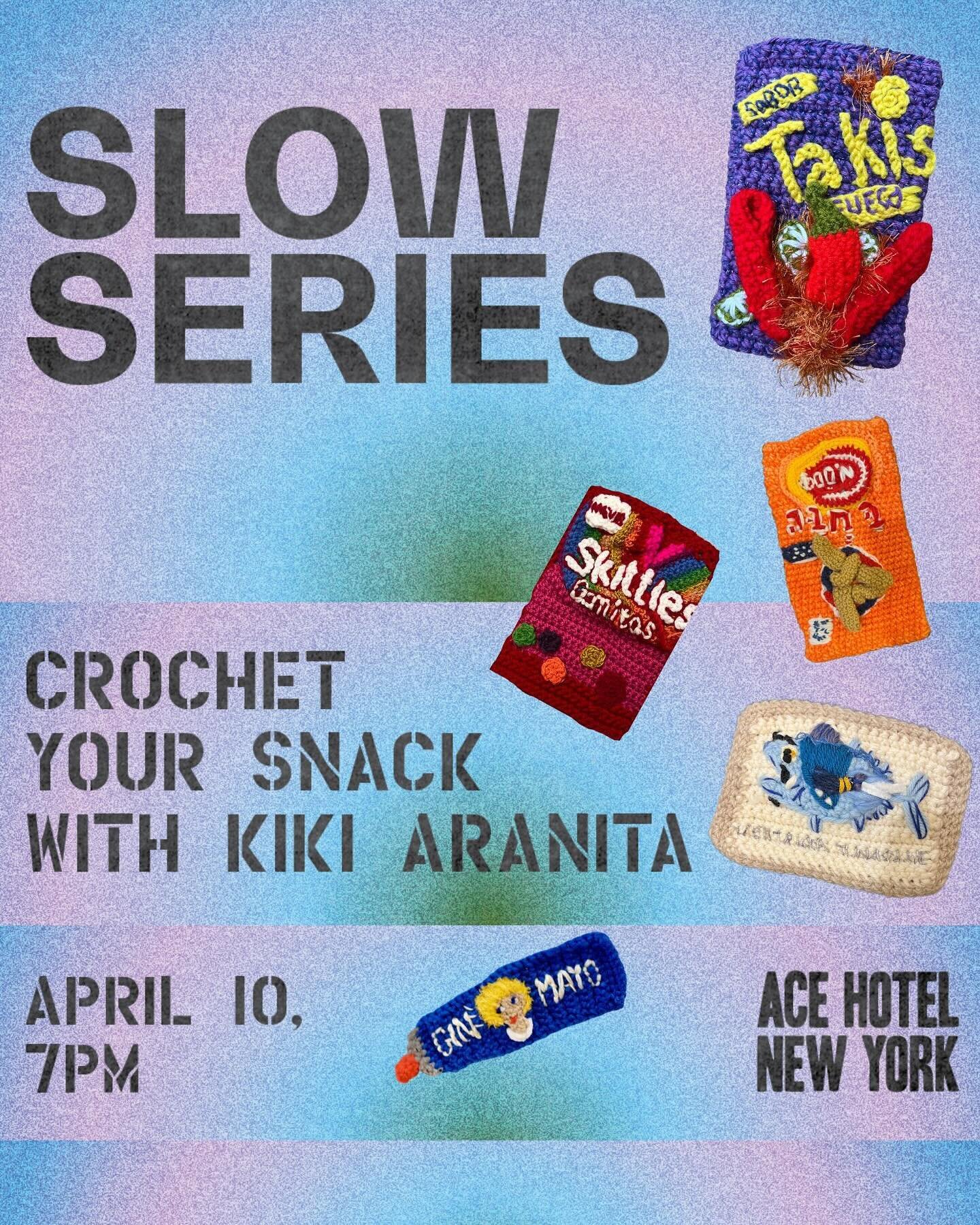 Kiki is giving a crochet your snack workshop this Wednesday 4/10 at the Ace Hotel New York. Grab a spot, link in bio. 

@kikiaranita @acehotelnewyork 

Learn to freehand crochet and create 3D fiber art at a Slow Series class led by acclaimed Fiber ar