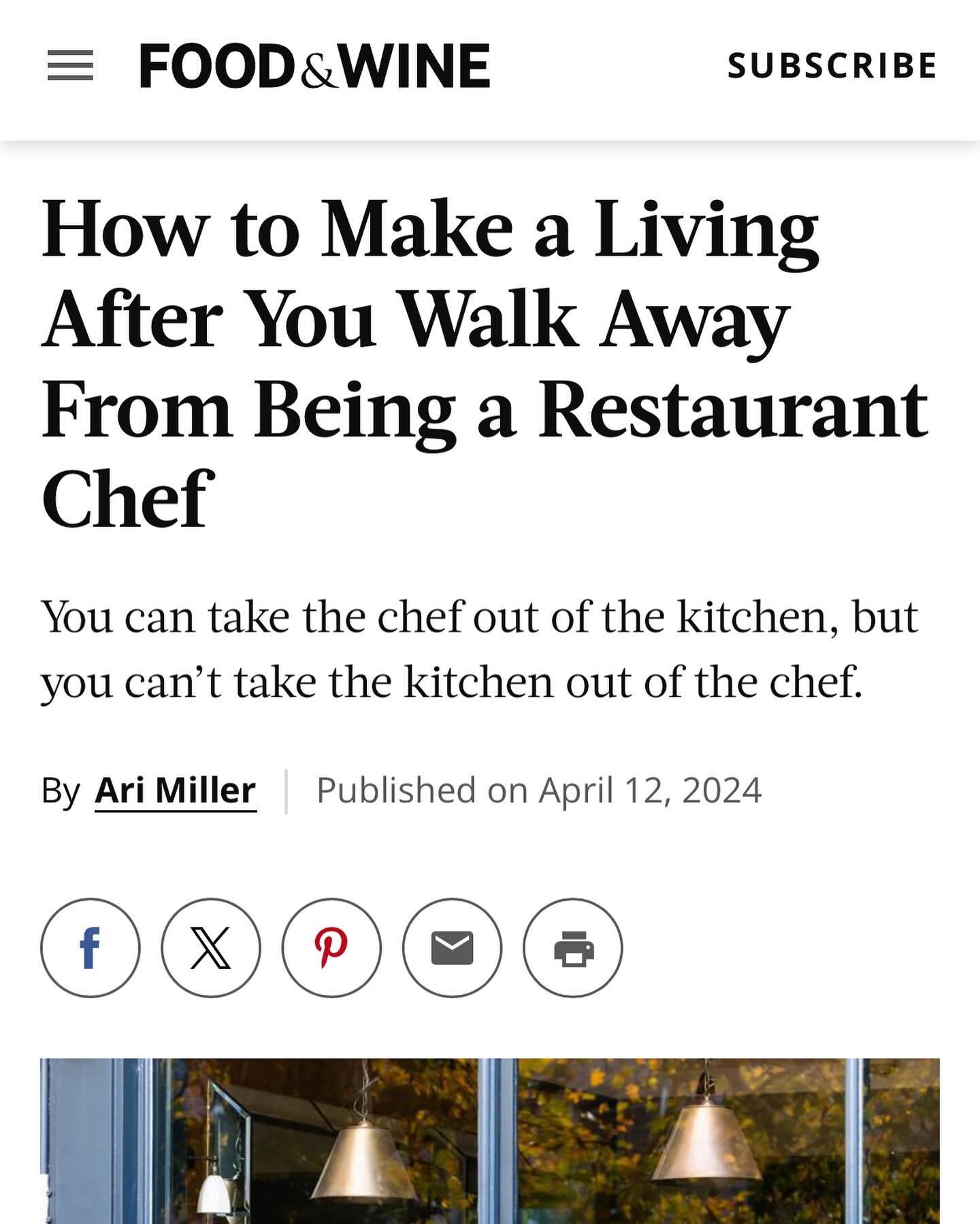 New piece in Food &amp; Wine on what happens after you leave the professional kitchen. I answer the age old question, &ldquo;if you take the chef out of the kitchen can you take the kitchen out of the chef?&rdquo; The answer is no, you cannot.

Thank