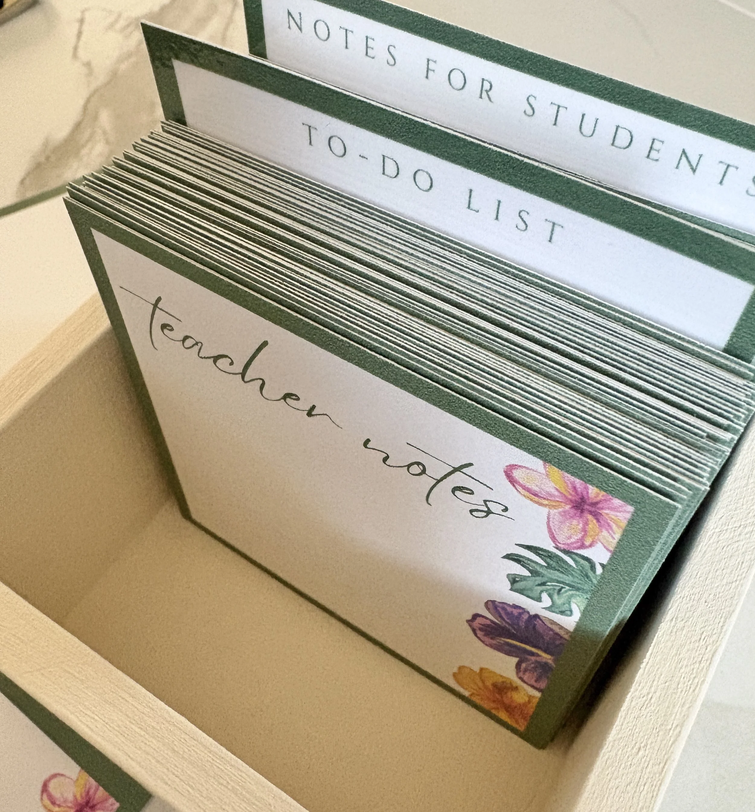 Teacher Floral Notes. Desktop Note Cards in a Wood Box.