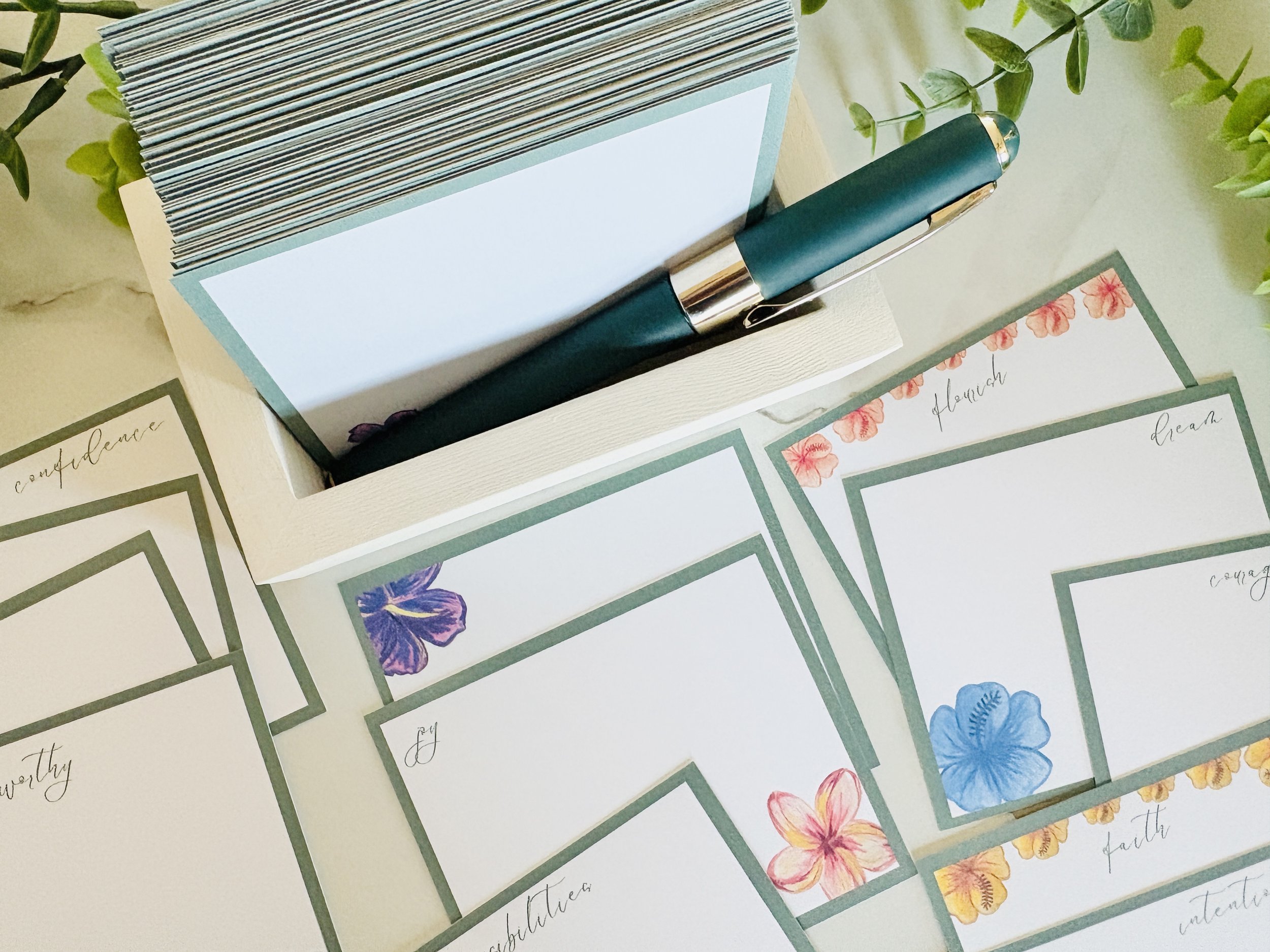 Floral Notes*. Desktop note cards in a wood box. (rectangle)