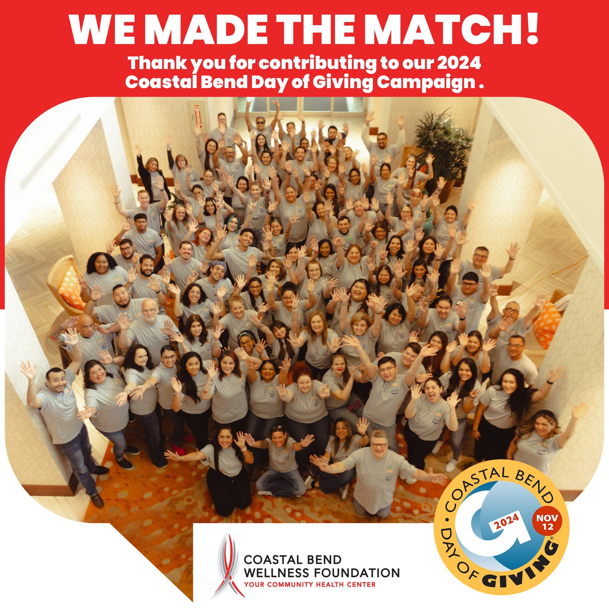 ❤️ Thank You for Your Incredible Support! ❤️

A heartfelt thank you to everyone who contributed during Coastal Bend Day of Giving ! Because of your generosity, the Coastal Bend Wellness Foundation can work toward a healthier, happier future for every