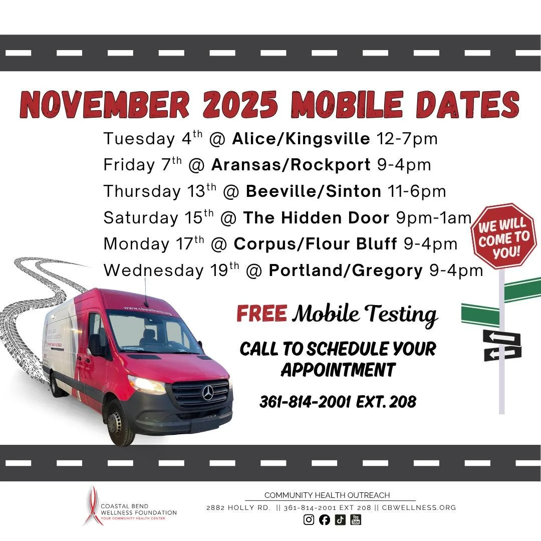 🚐 Mobile Testing Available! 🚐

Our mobile unit features two private testing rooms and offers both rapid HIV and STI testing. Health on the go for all! 

📅 Call us to schedule!
📞 Community Health Outreach: (361)-814-2001 ext. 208

#CoastalBendWell