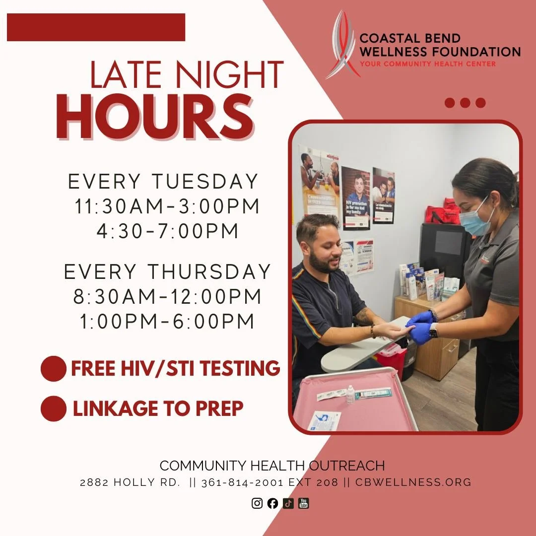 Walk-ins welcome or schedule an appointment for late night testing!

FREE HIV/STI testing with our Community Health Outreach team
Tuesdays: 11:30 AM - 3:30 PM &amp; 4:30 PM - 7:00 PM
Thursdays: 8:30 AM - 12:00 PM &amp; 1:00 PM - 6:00 PM

For more inf