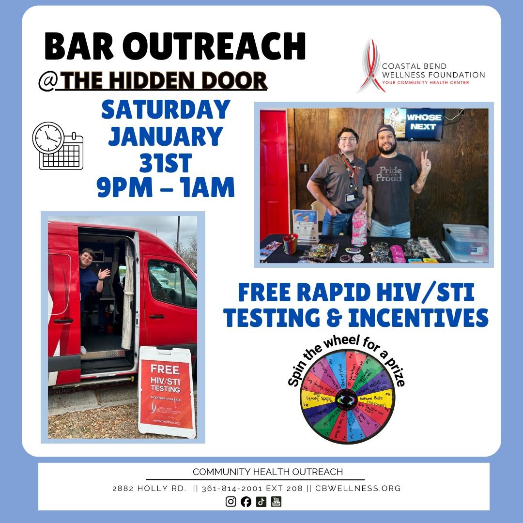 Community Health Outreach testers will be the Hidden Door tonight for late night testing!
Offering Free Condoms &amp; incentives, Rapid HIV testing, &amp; STI testing.

📍Hidden Door 
⏰9:00pm-1:00am

#CoastalBendWellnessFoundation #YourCommunityHealt
