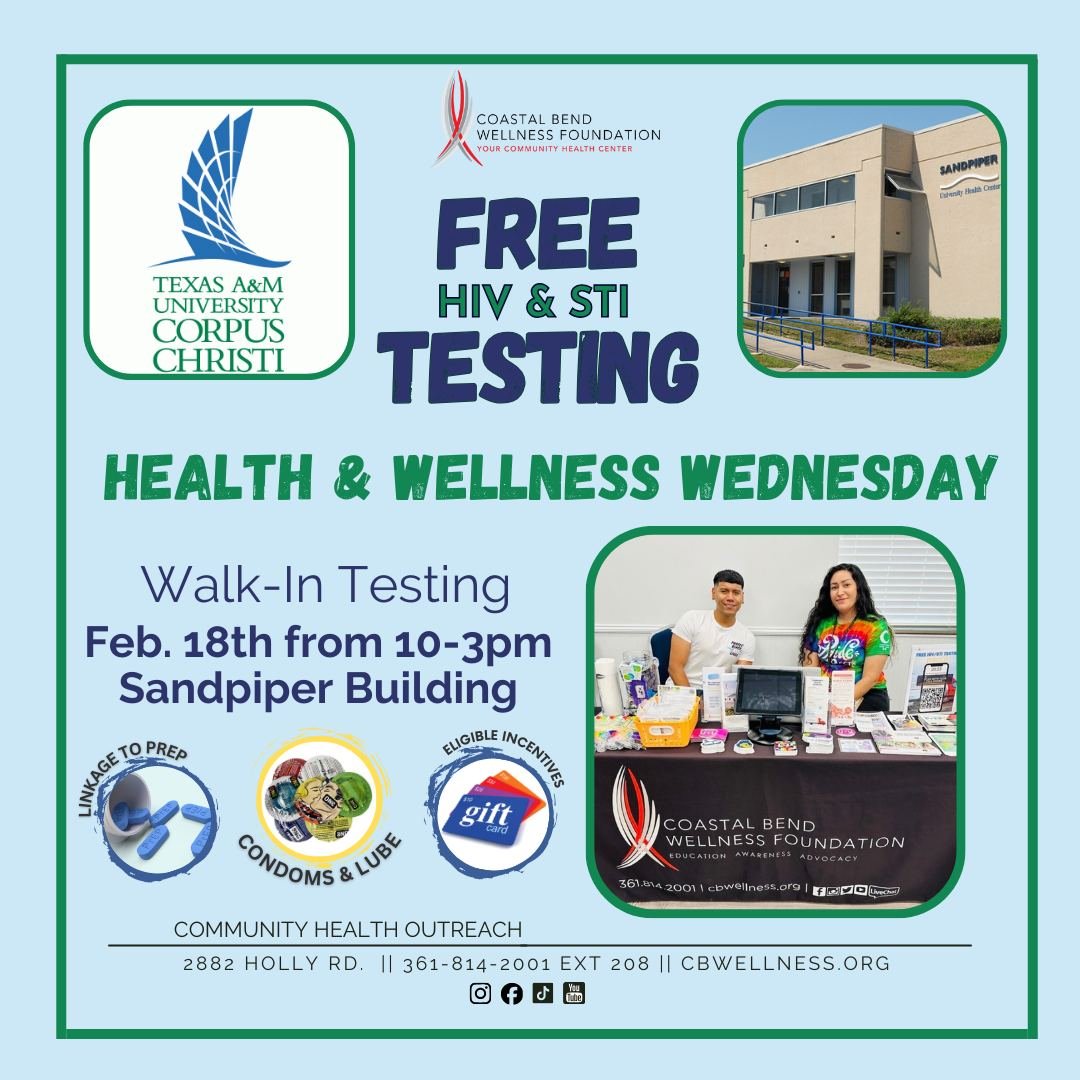 🚨 FREE HIV &amp; STI Testing on Campus! 🚨 

Our Community Health Outreach team is at Texas A&amp;M University-Corpus Christi Health Center today, making it easy for you to stay on top of your health!
📍 Where? TAMU-CC Health Center
⏰ When? 10:00 AM