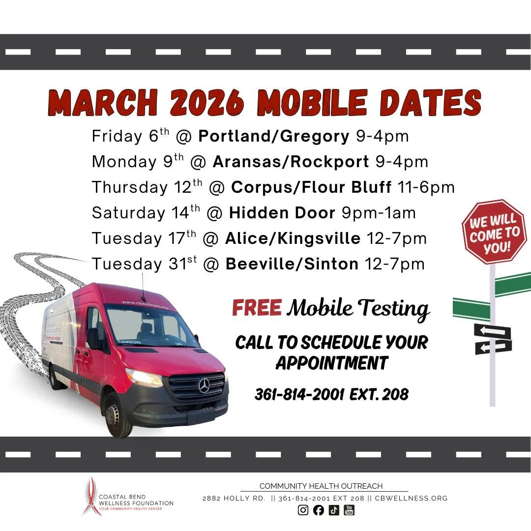 Check out our mobile dates!
Our Community Health Outreach Department can meet you offsite at a time and place that&rsquo;s convenient for you

Providing FREE HIV &amp; STI testing &amp; Linkage to PrEP/PEP
📲 Call us today at 361.814.2001 x 208 to sc