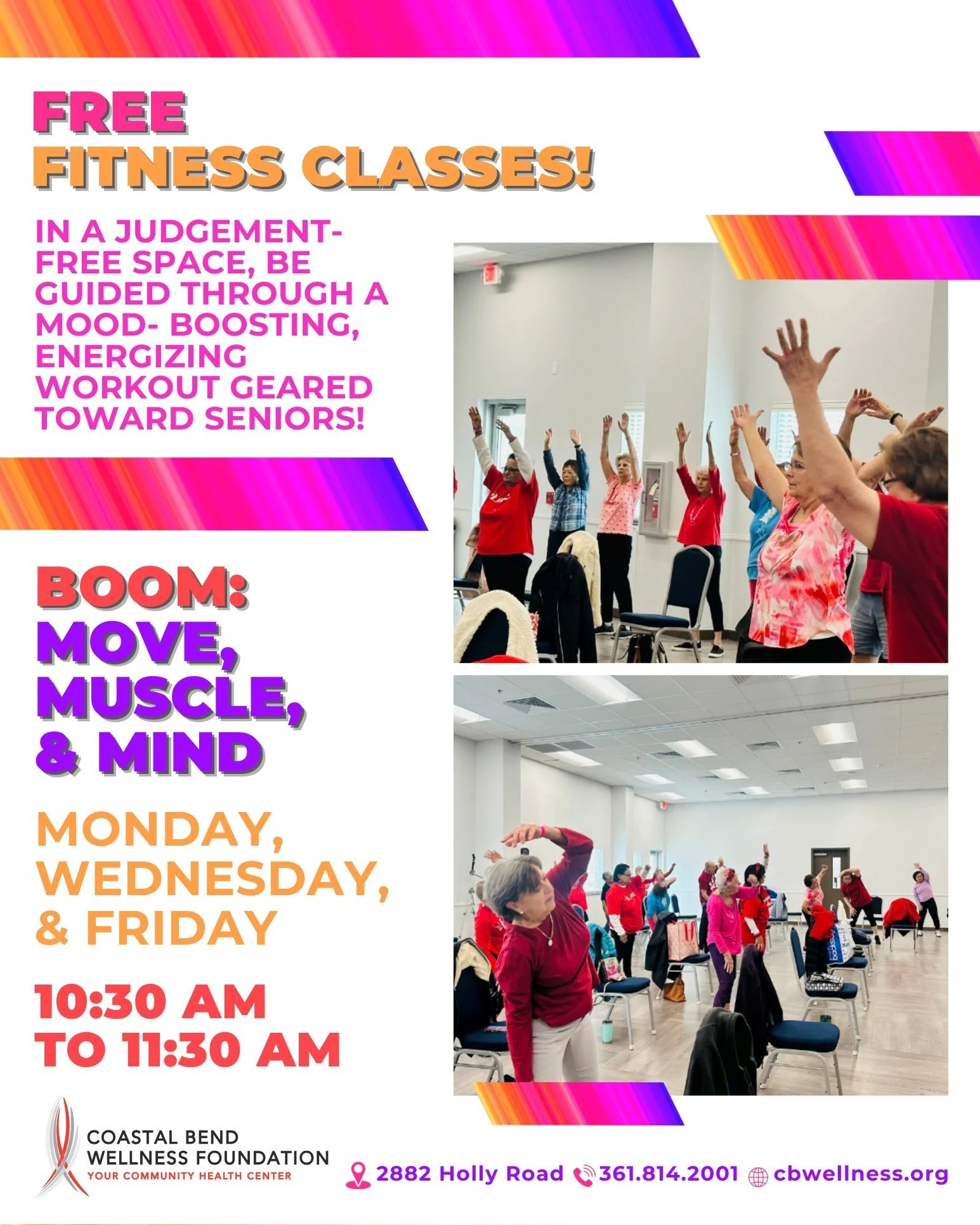 💪 Move, Breathe, Thrive, For Free! 💪

As YOUR Community Health Center
We believe wellness is for everyone!
Join our fun &amp; FREE group exercise classes designed to uplift your body &amp; mind. 
No matter your fitness level or where you are on you